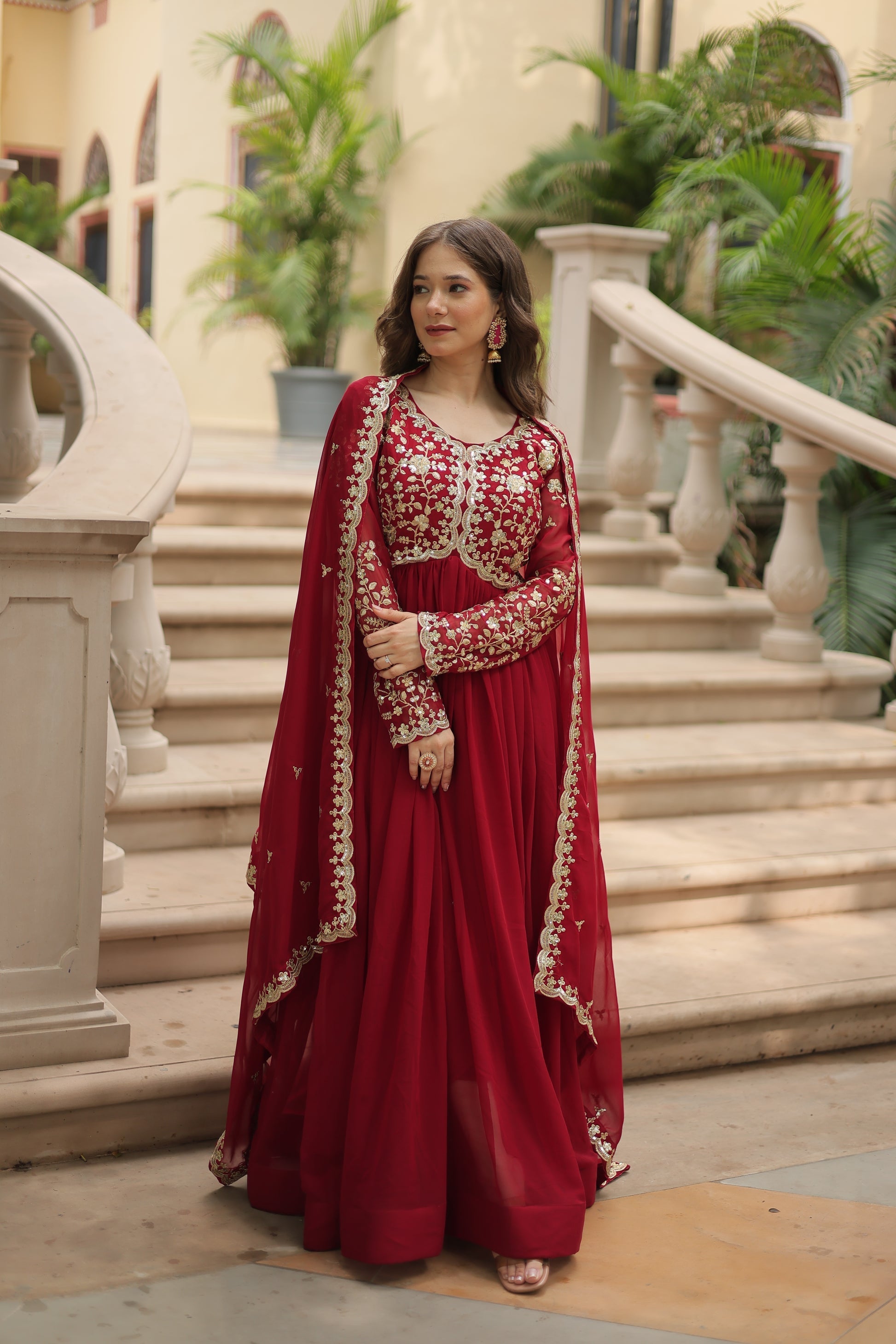 Samridhi maroon Alia cut embroidered Anarkali gown set