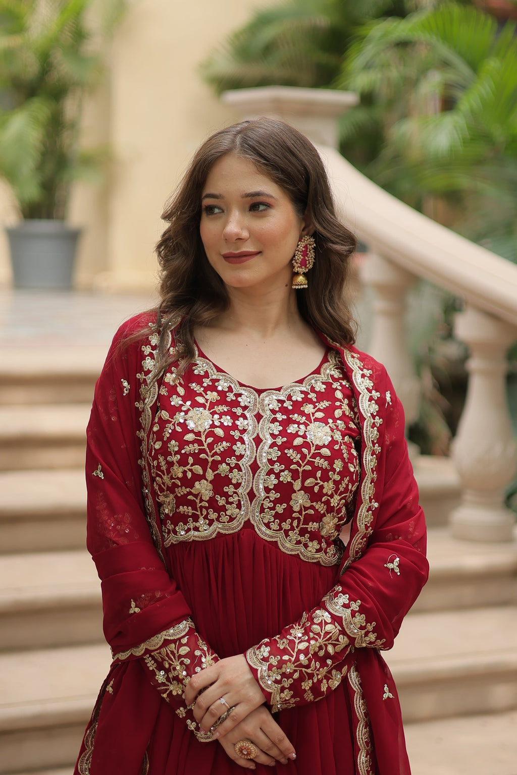 Samridhi maroon Alia cut embroidered Anarkali gown set