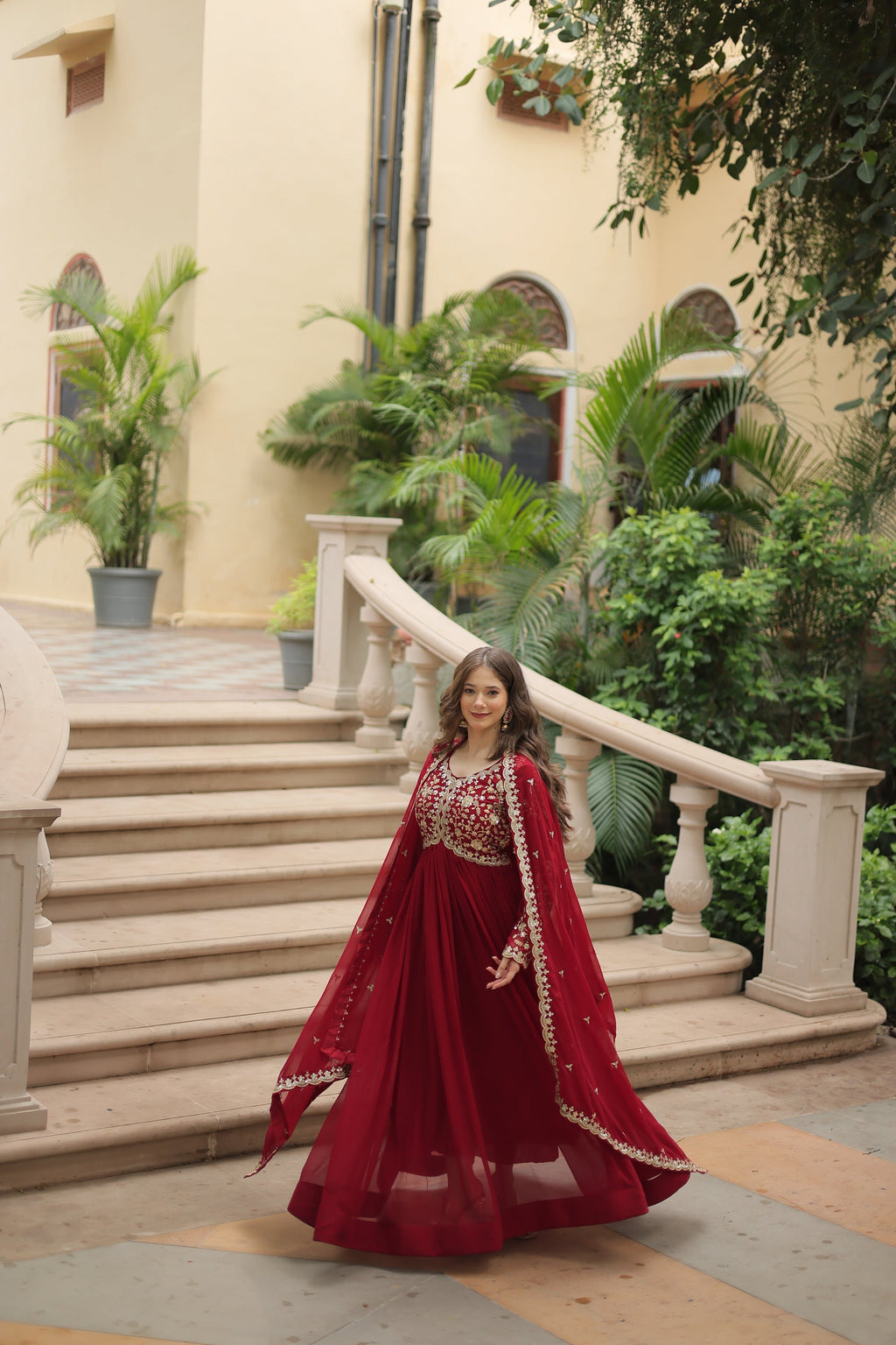 Samridhi maroon Alia cut embroidered Anarkali gown set