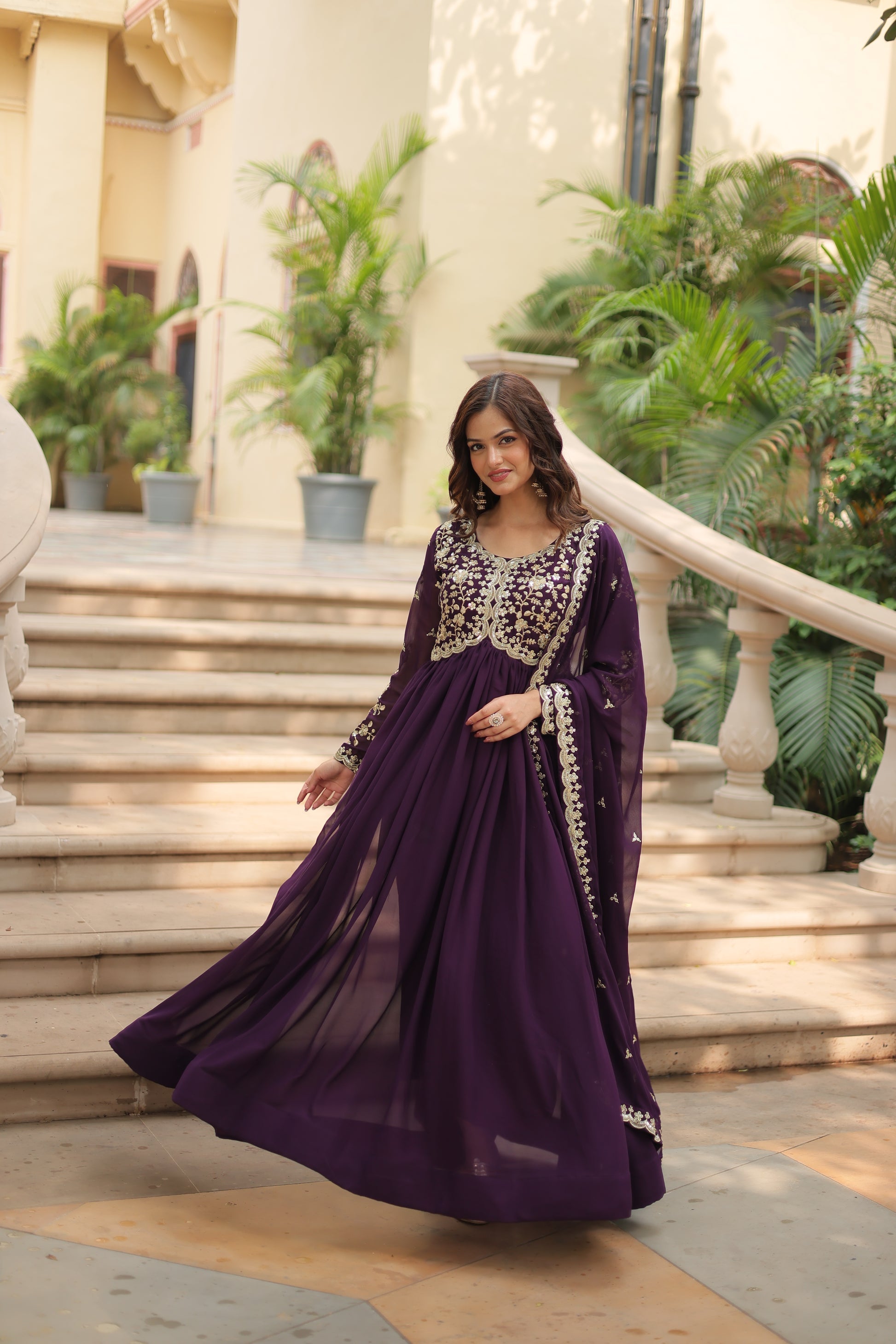 Purple embroidered Samridhi designer Alia cut Anarkali gown