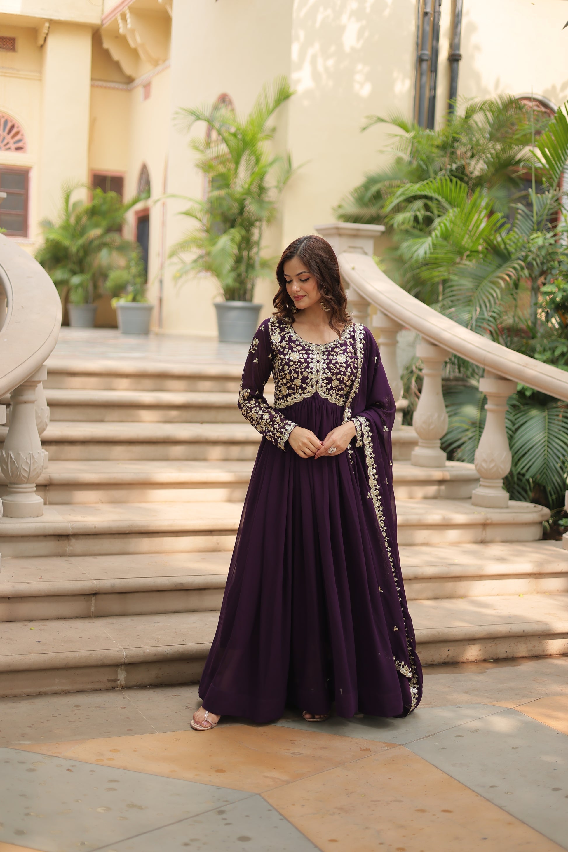 Purple embroidered Samridhi designer Alia cut Anarkali gown