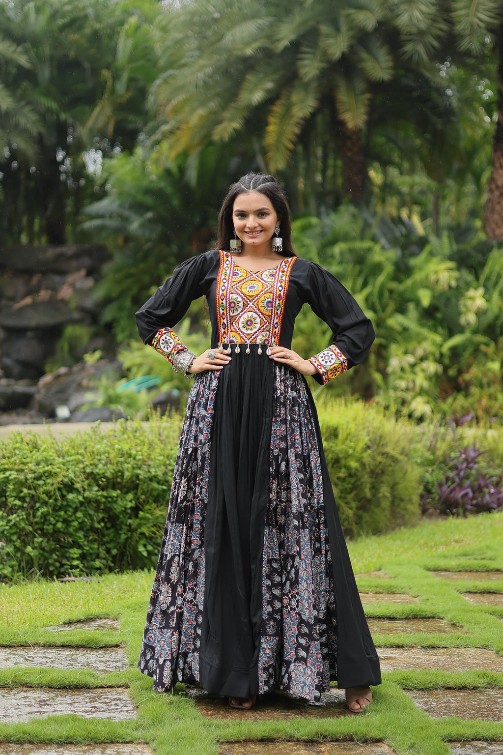 Black rayon Gamthi embroidered Sankita Navratri gown