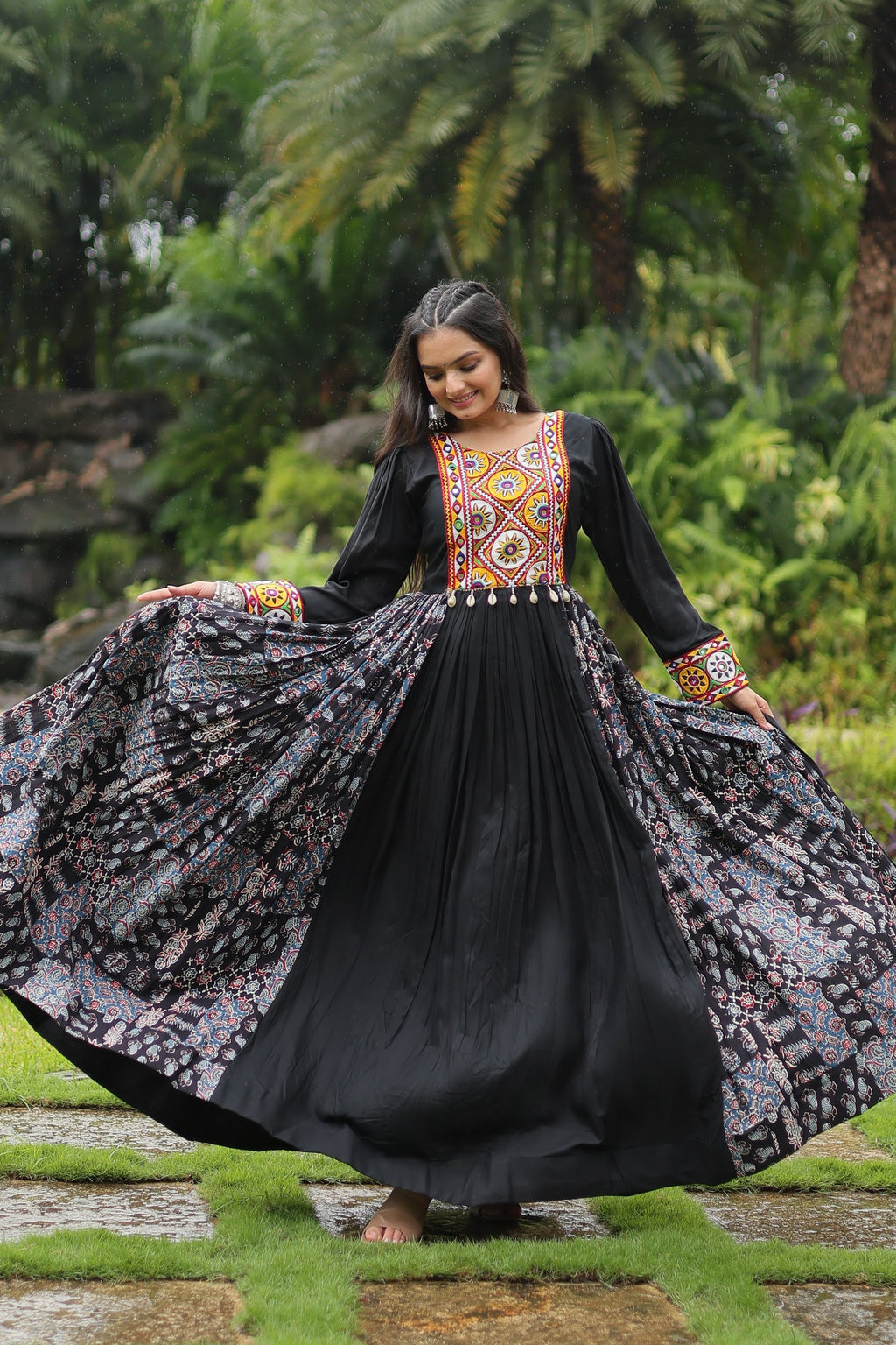 Black rayon Gamthi embroidered Sankita Navratri gown