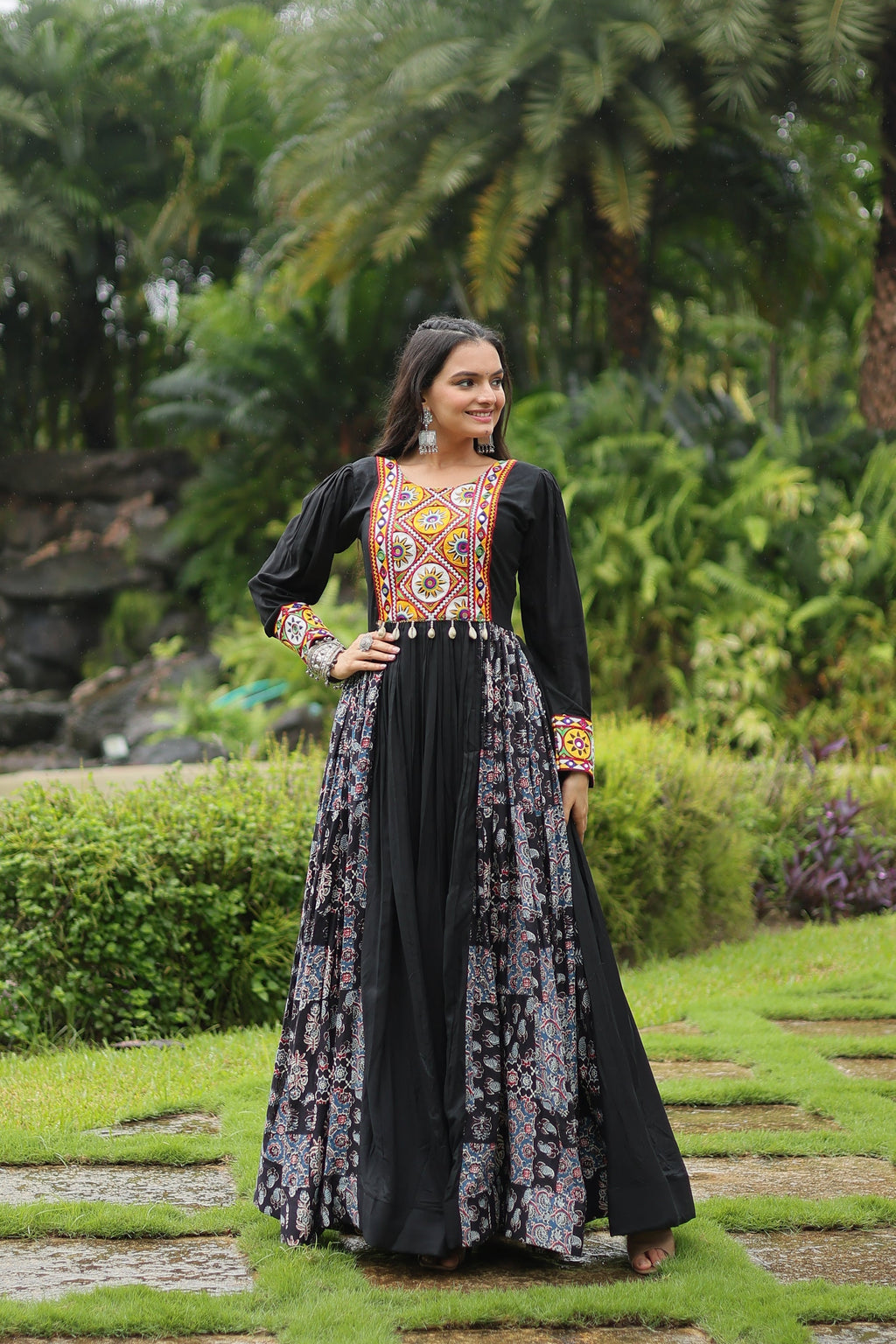 Black rayon Gamthi embroidered Sankita Navratri gown