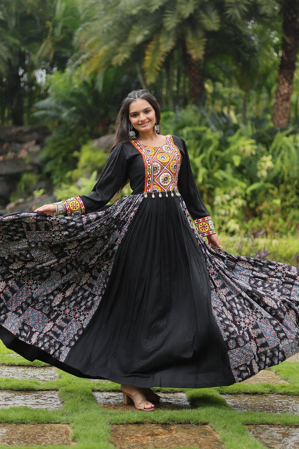 Black rayon Gamthi embroidered Sankita Navratri gown