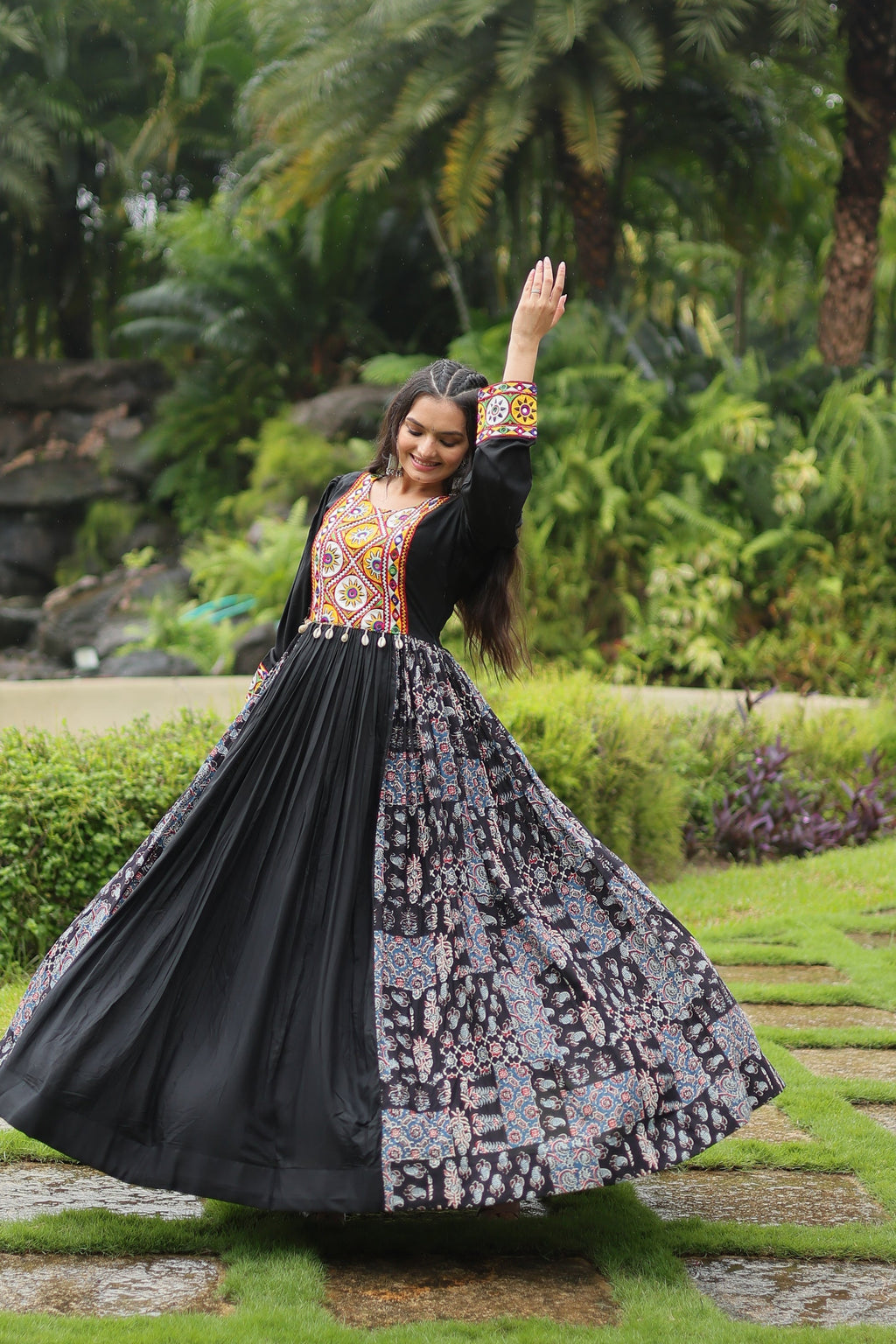 Black rayon Gamthi embroidered Sankita Navratri gown