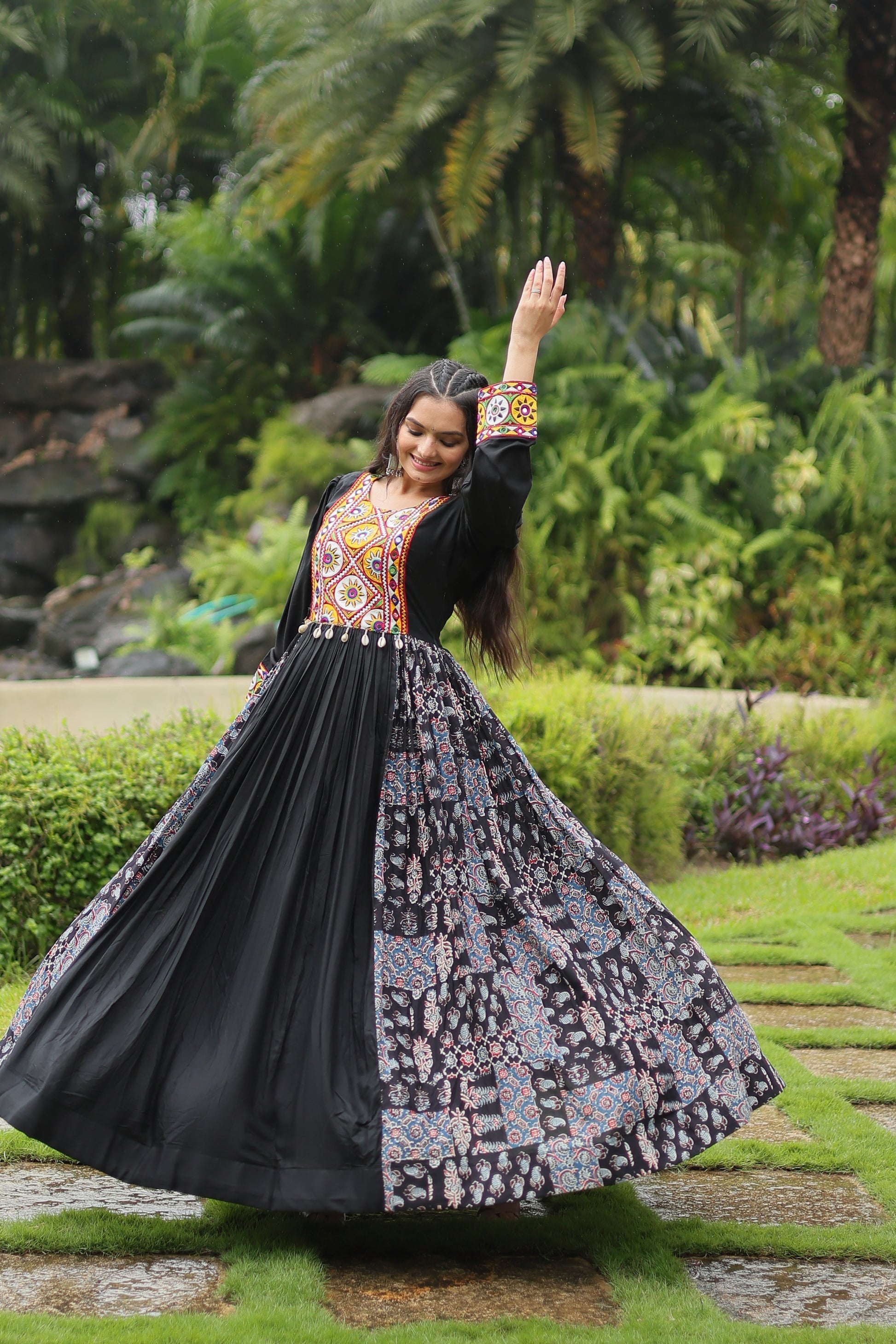 Black rayon Gamthi embroidered Sankita Navratri gown
