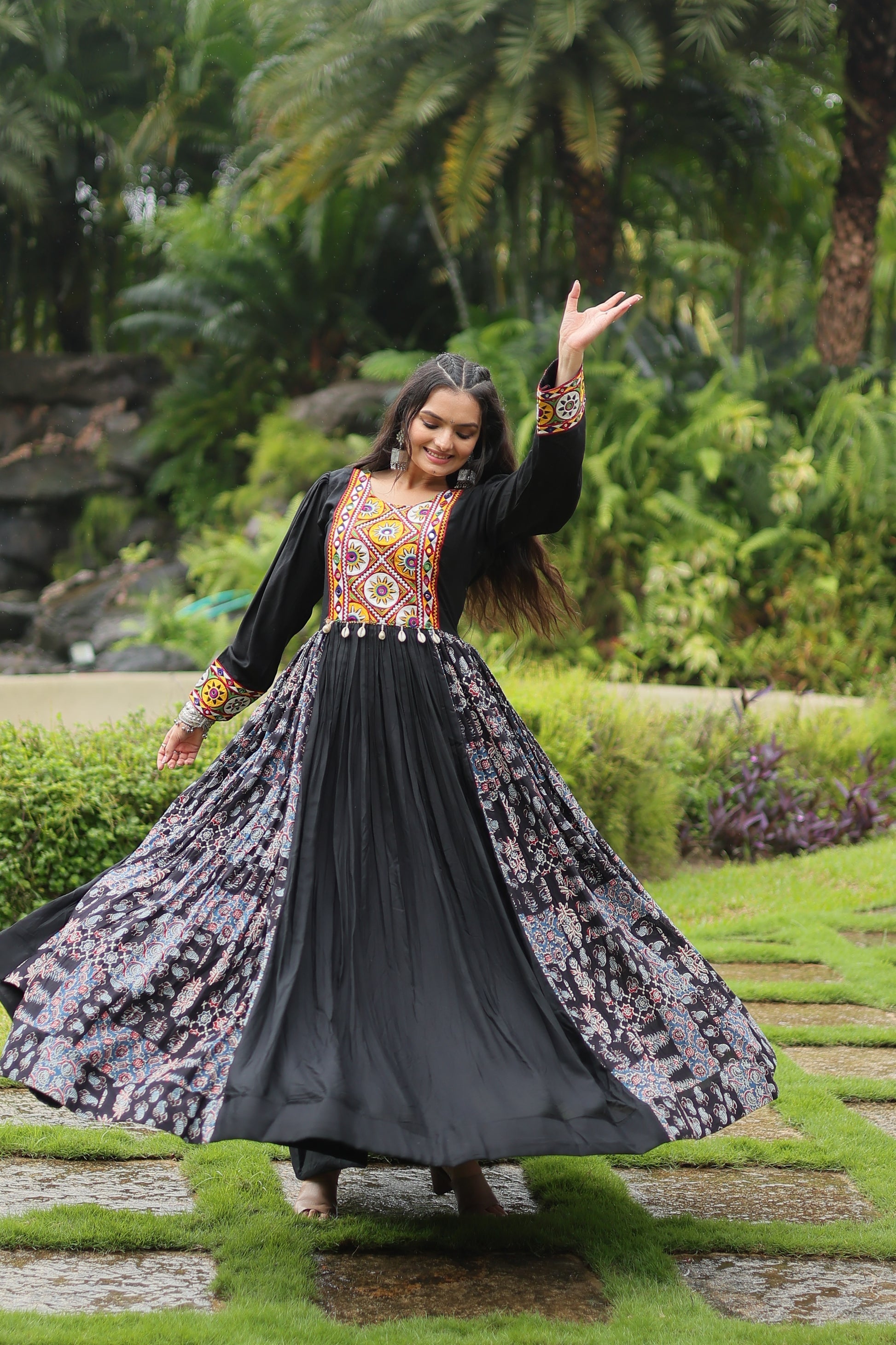 Black rayon Gamthi embroidered Sankita Navratri gown