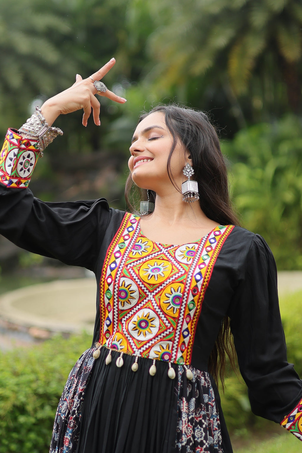 Black rayon Gamthi embroidered Sankita Navratri gown