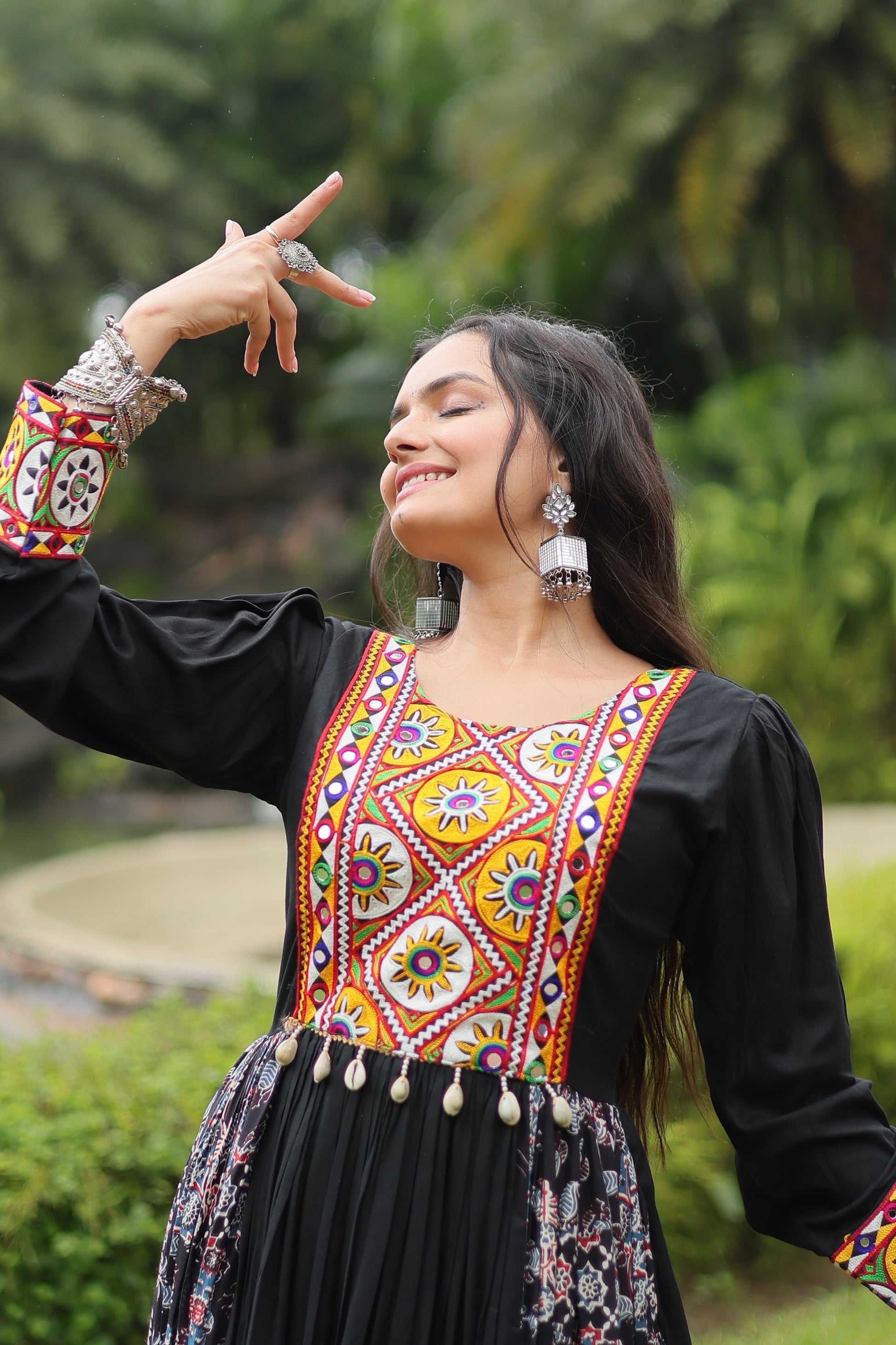 Black rayon Gamthi embroidered Sankita Navratri gown