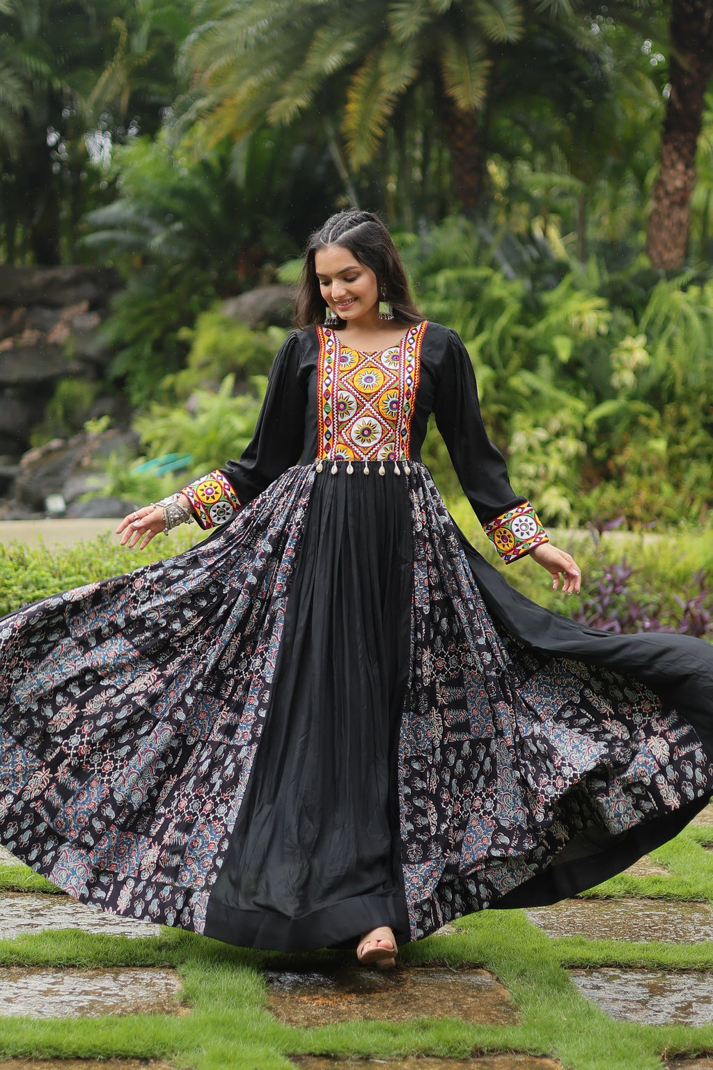 Black rayon Gamthi embroidered Sankita Navratri gown