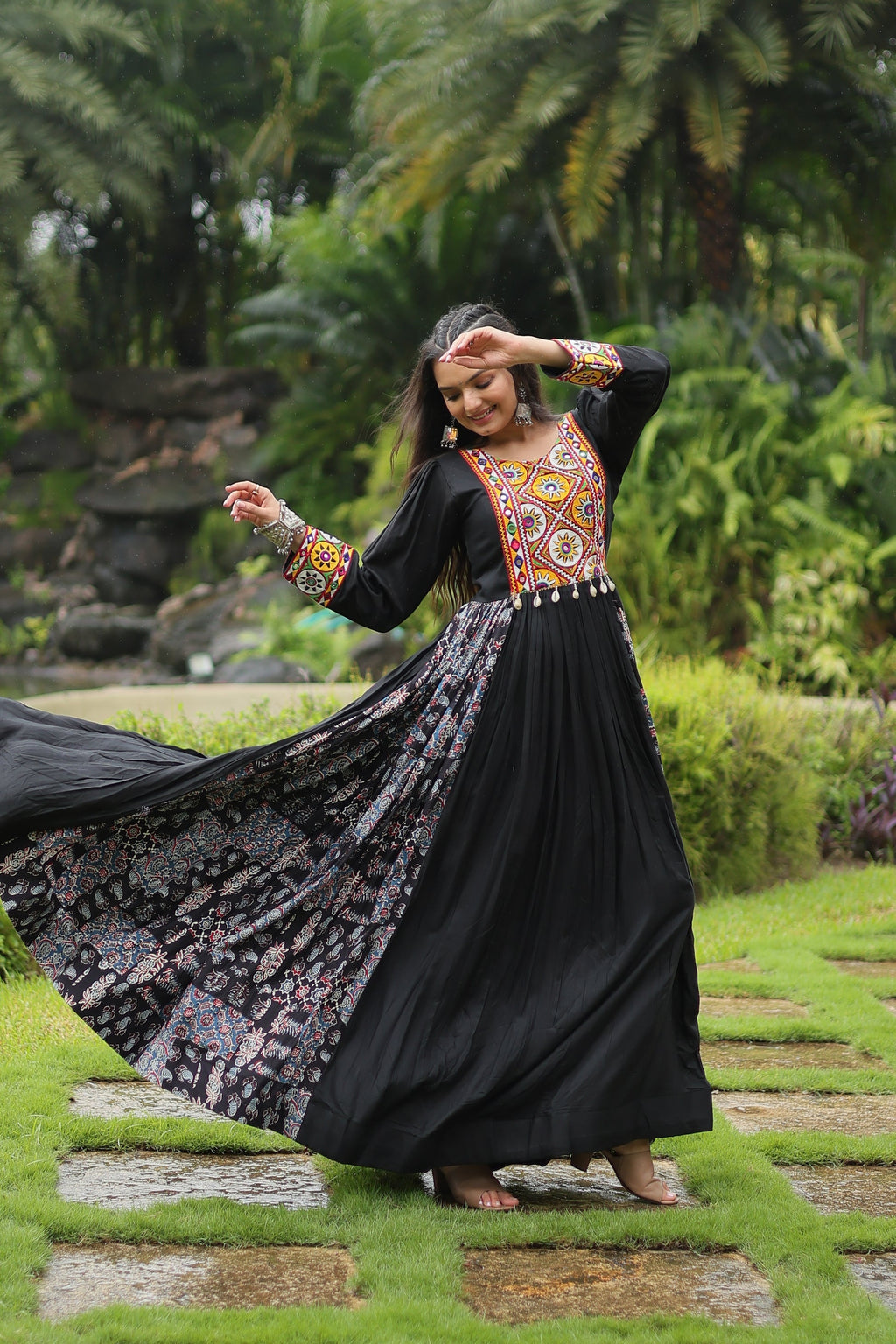Black rayon Gamthi embroidered Sankita Navratri gown