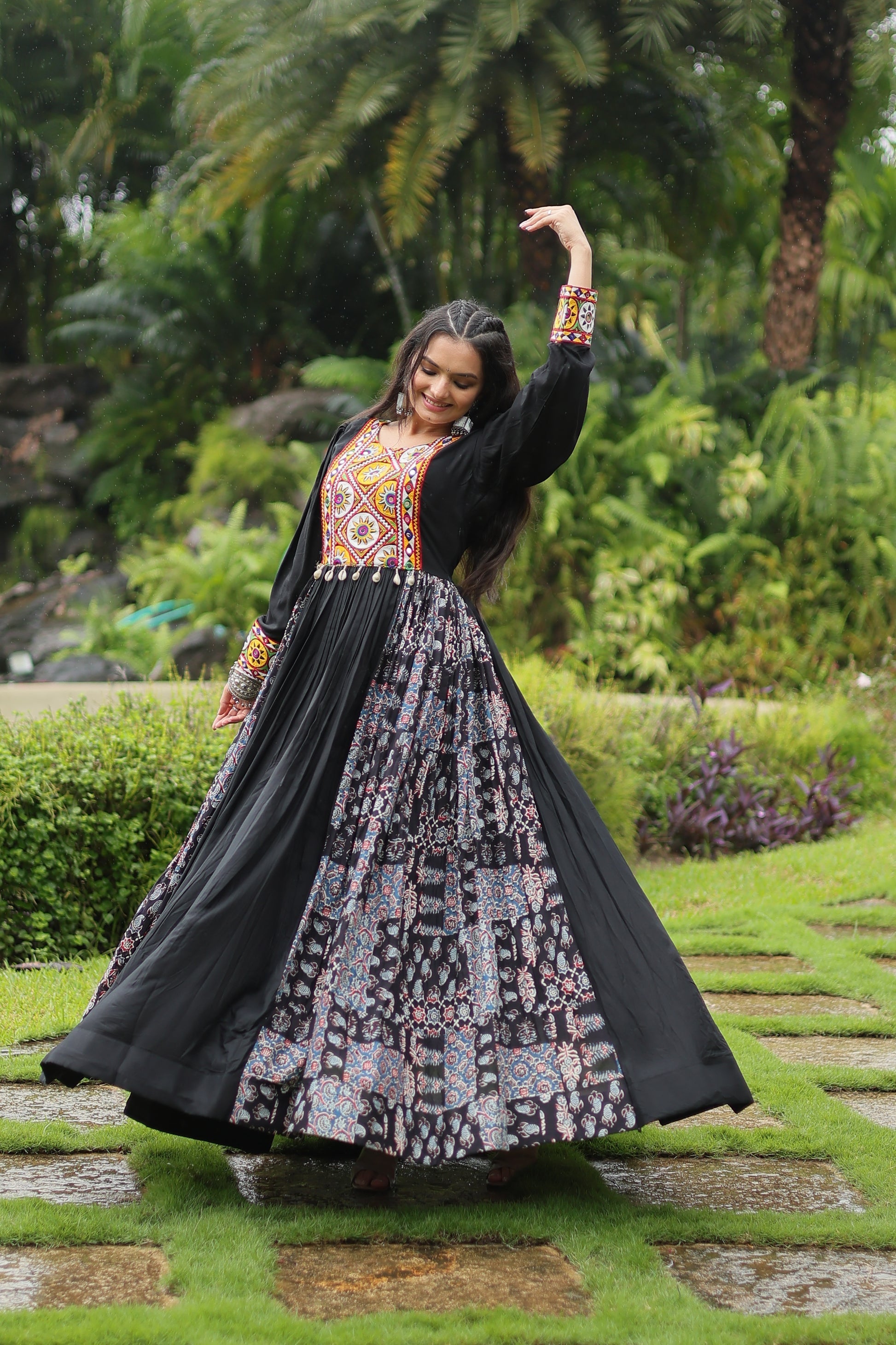 Black rayon Gamthi embroidered Sankita Navratri gown