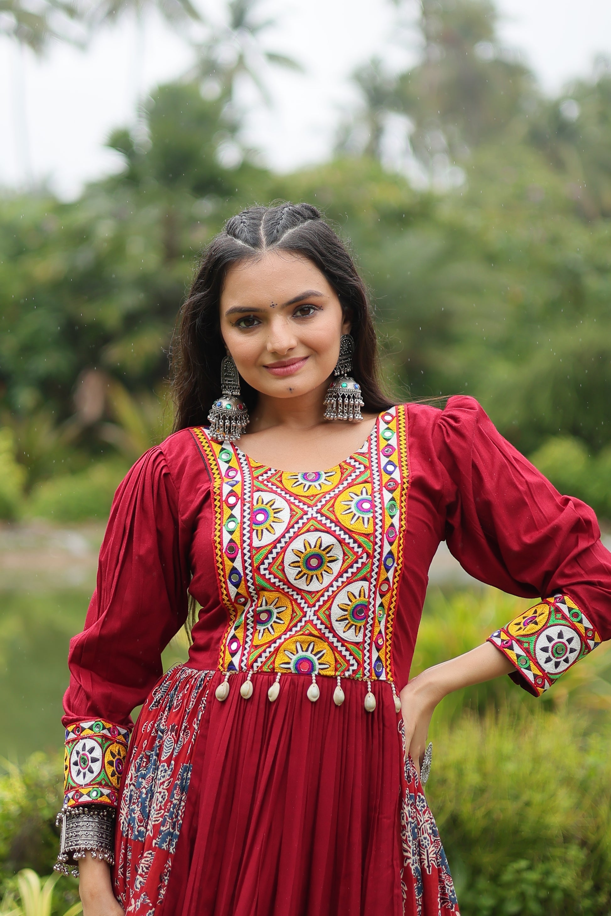 Maroon rayon Gamthi embroidered Sankita Navratri gown