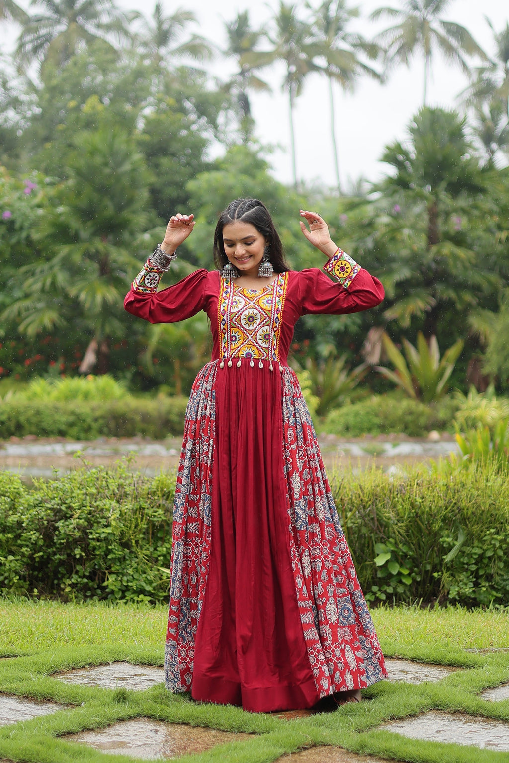 Maroon rayon Gamthi embroidered Sankita Navratri gown