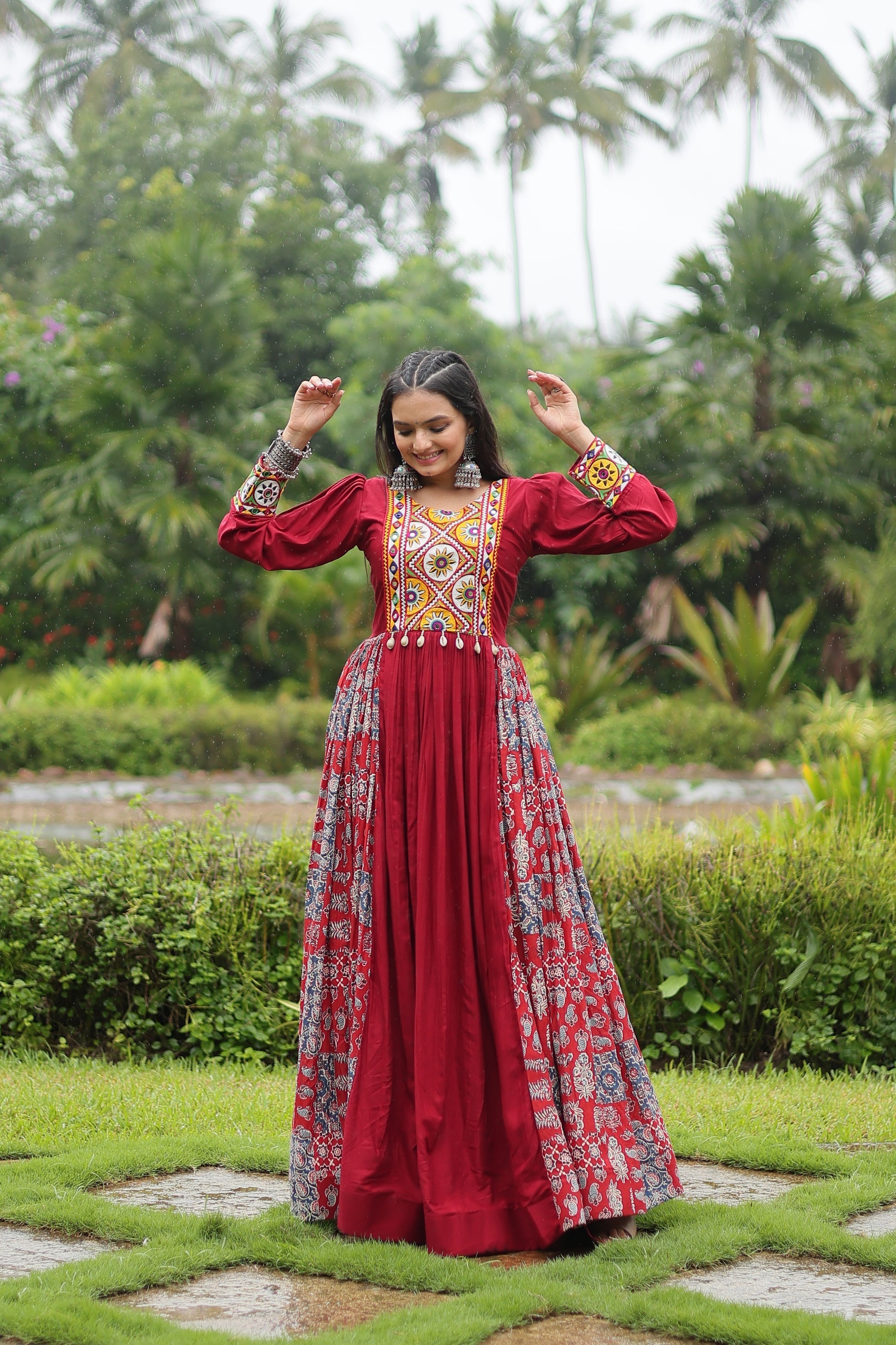 Maroon rayon Gamthi embroidered Sankita Navratri gown