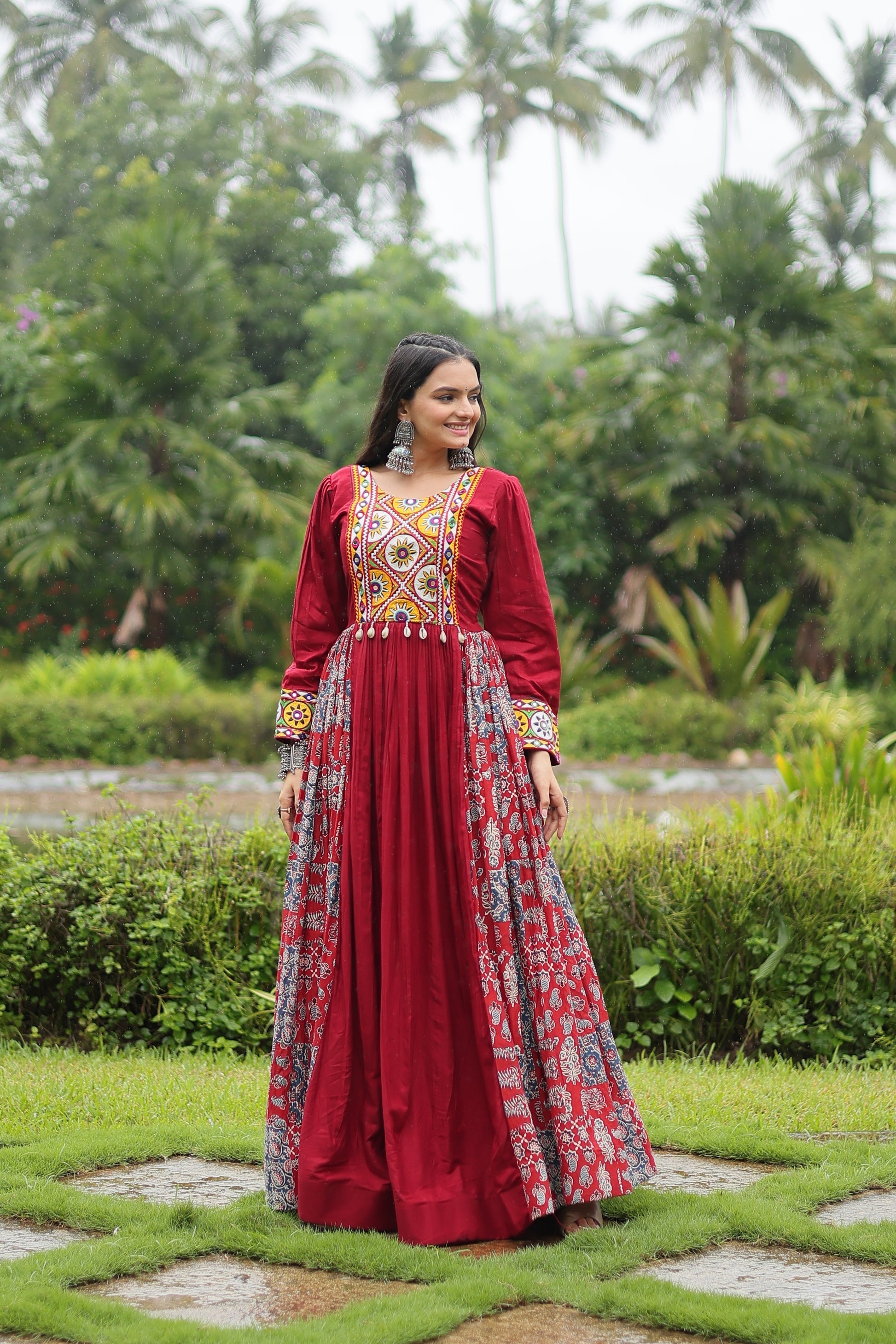 Maroon rayon Gamthi embroidered Sankita Navratri gown