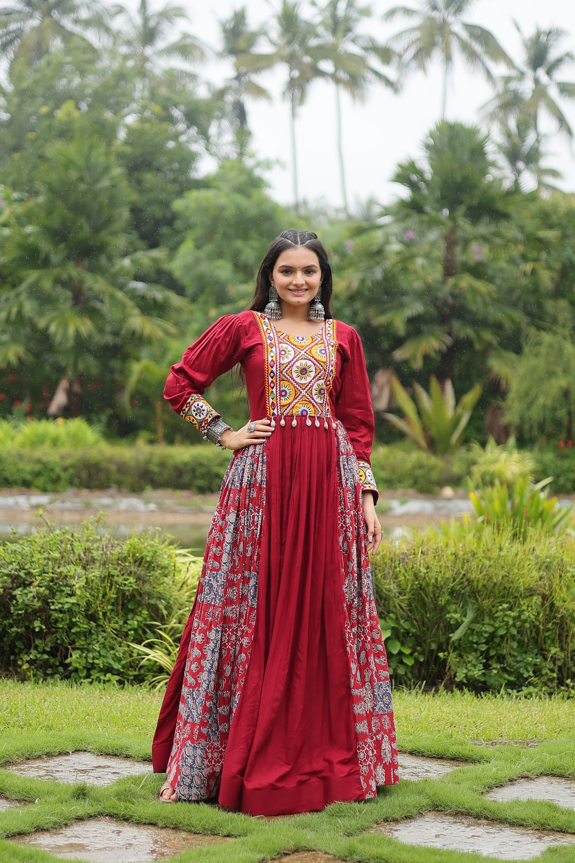Maroon rayon Gamthi embroidered Sankita Navratri gown