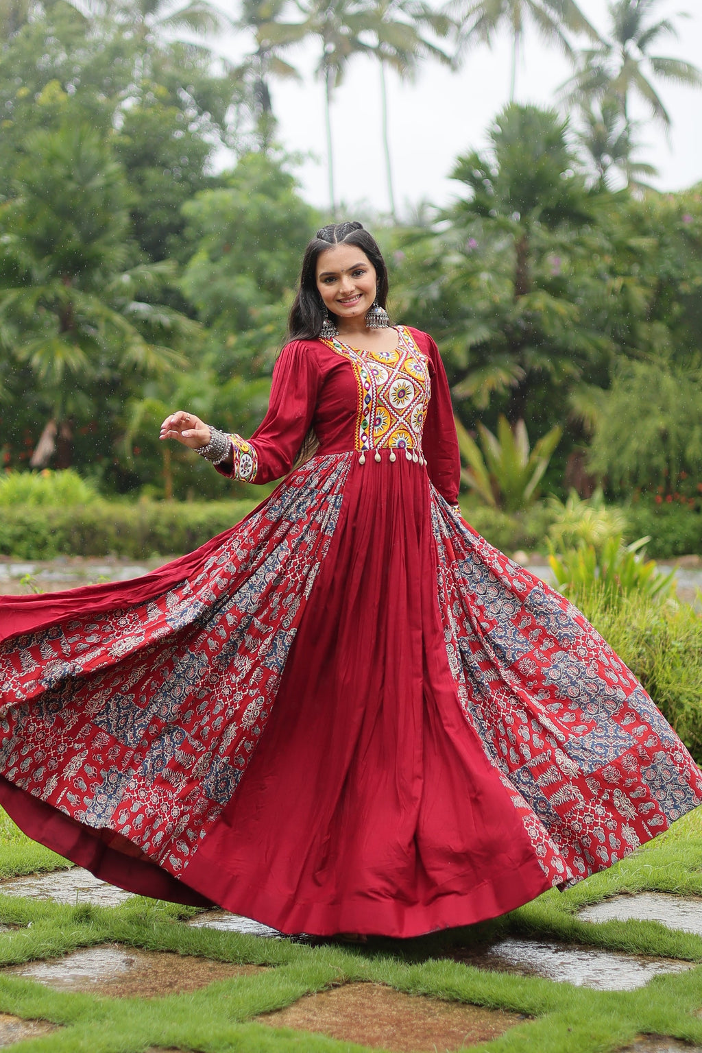 Maroon rayon Gamthi embroidered Sankita Navratri gown