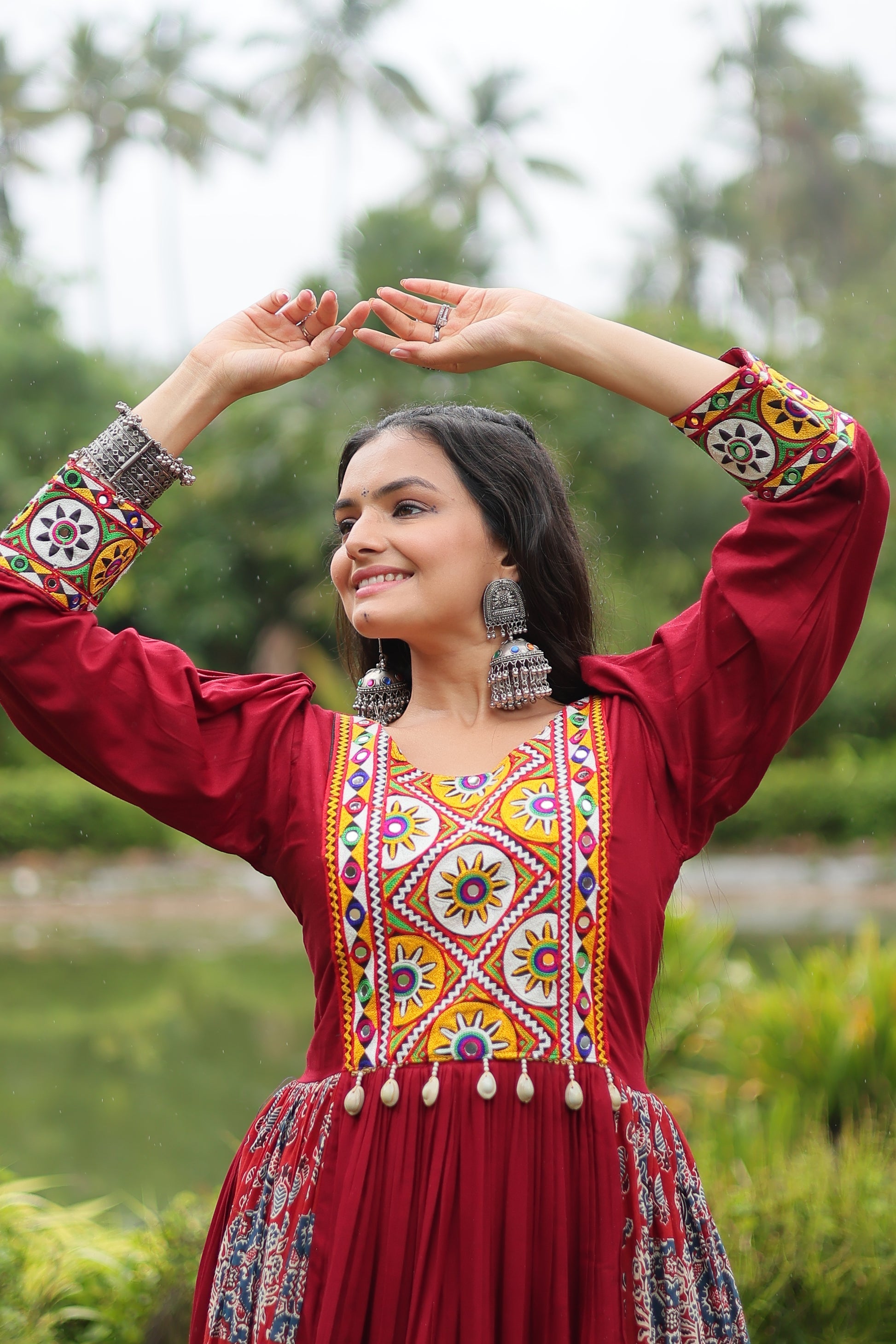 Maroon rayon Gamthi embroidered Sankita Navratri gown