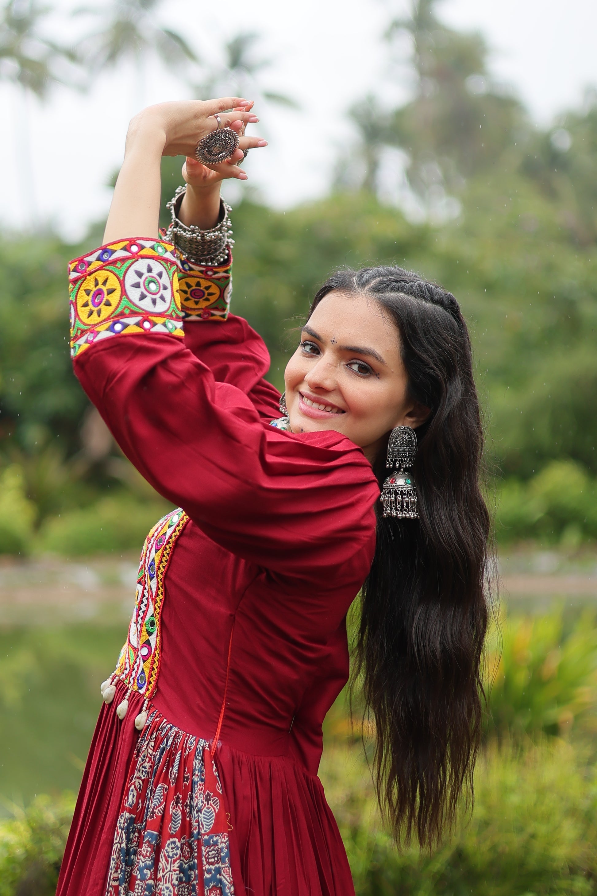 Maroon rayon Gamthi embroidered Sankita Navratri gown