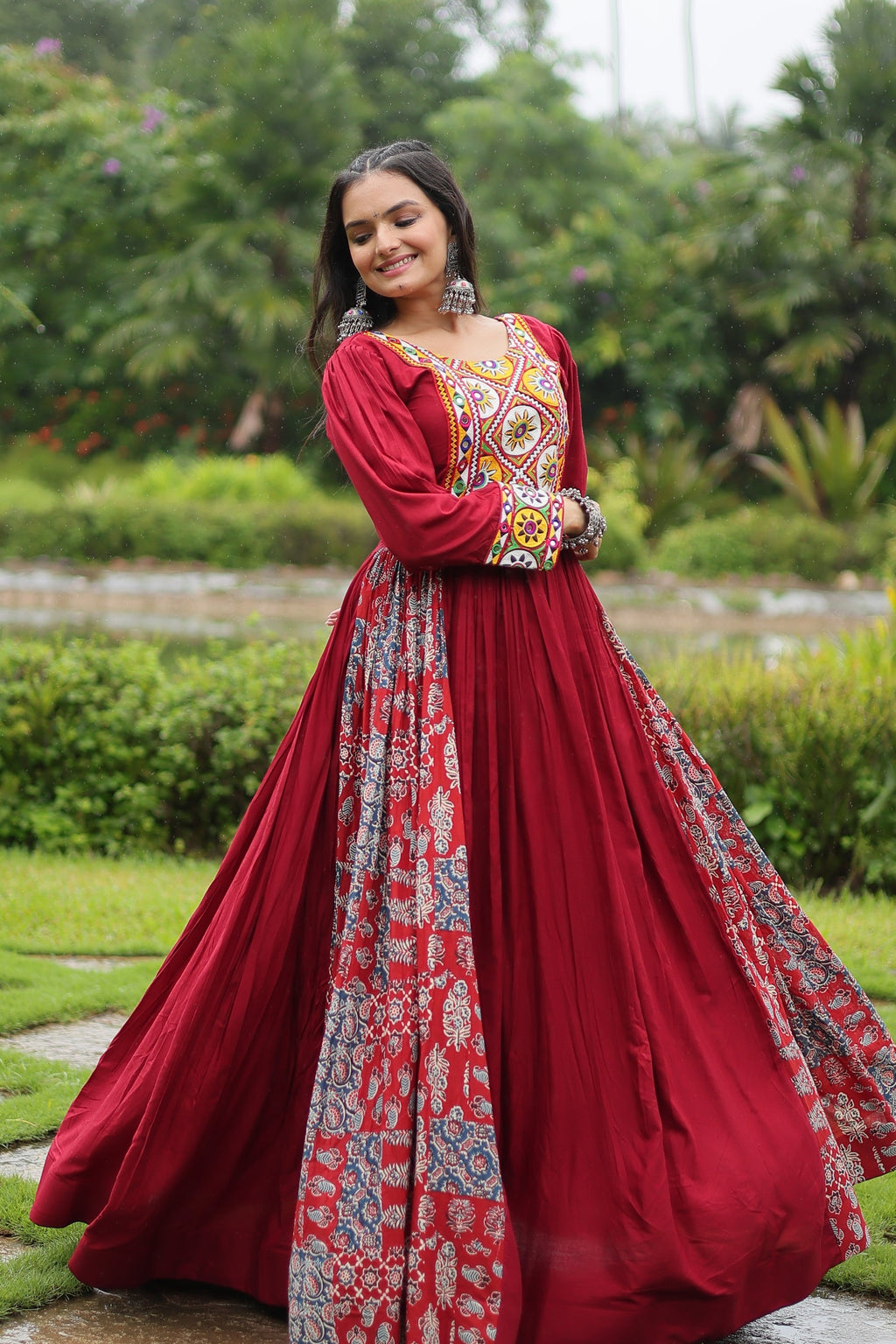 Maroon rayon Gamthi embroidered Sankita Navratri gown
