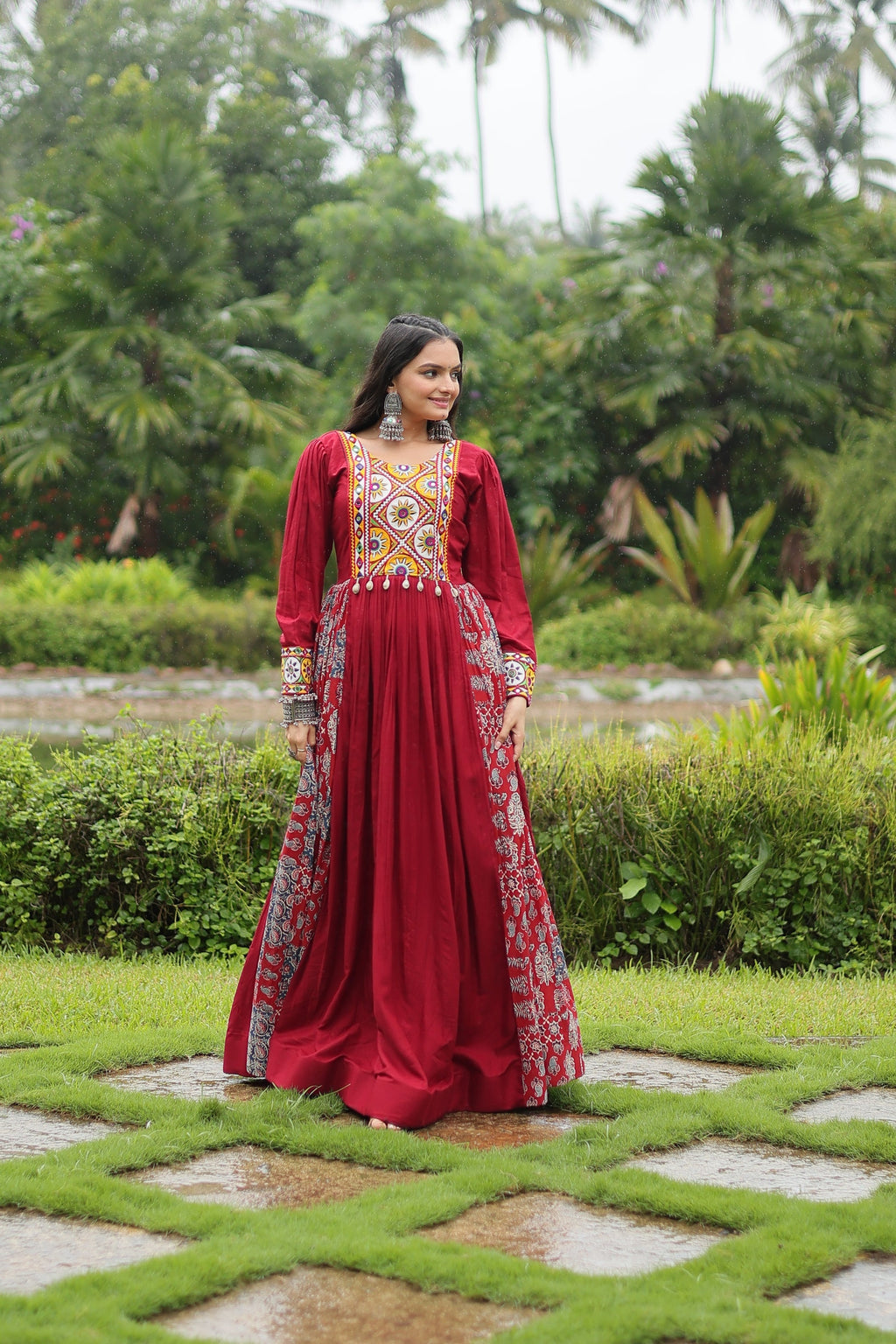 Maroon rayon Gamthi embroidered Sankita Navratri gown