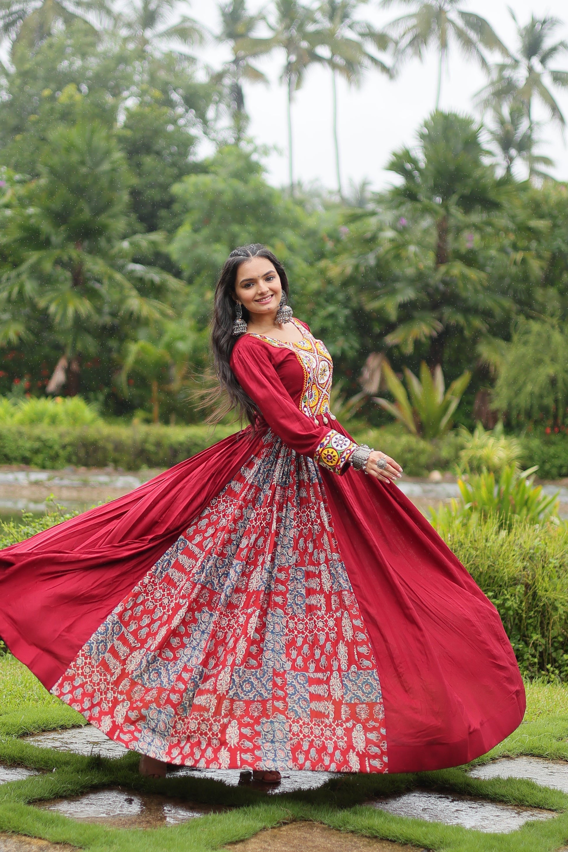 Maroon rayon Gamthi embroidered Sankita Navratri gown