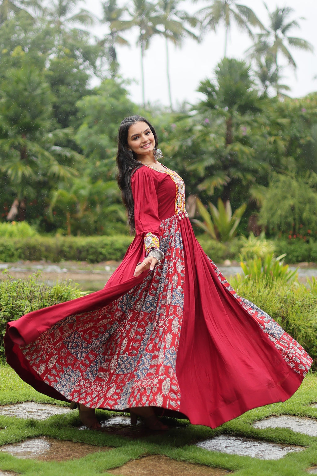 Maroon rayon Gamthi embroidered Sankita Navratri gown
