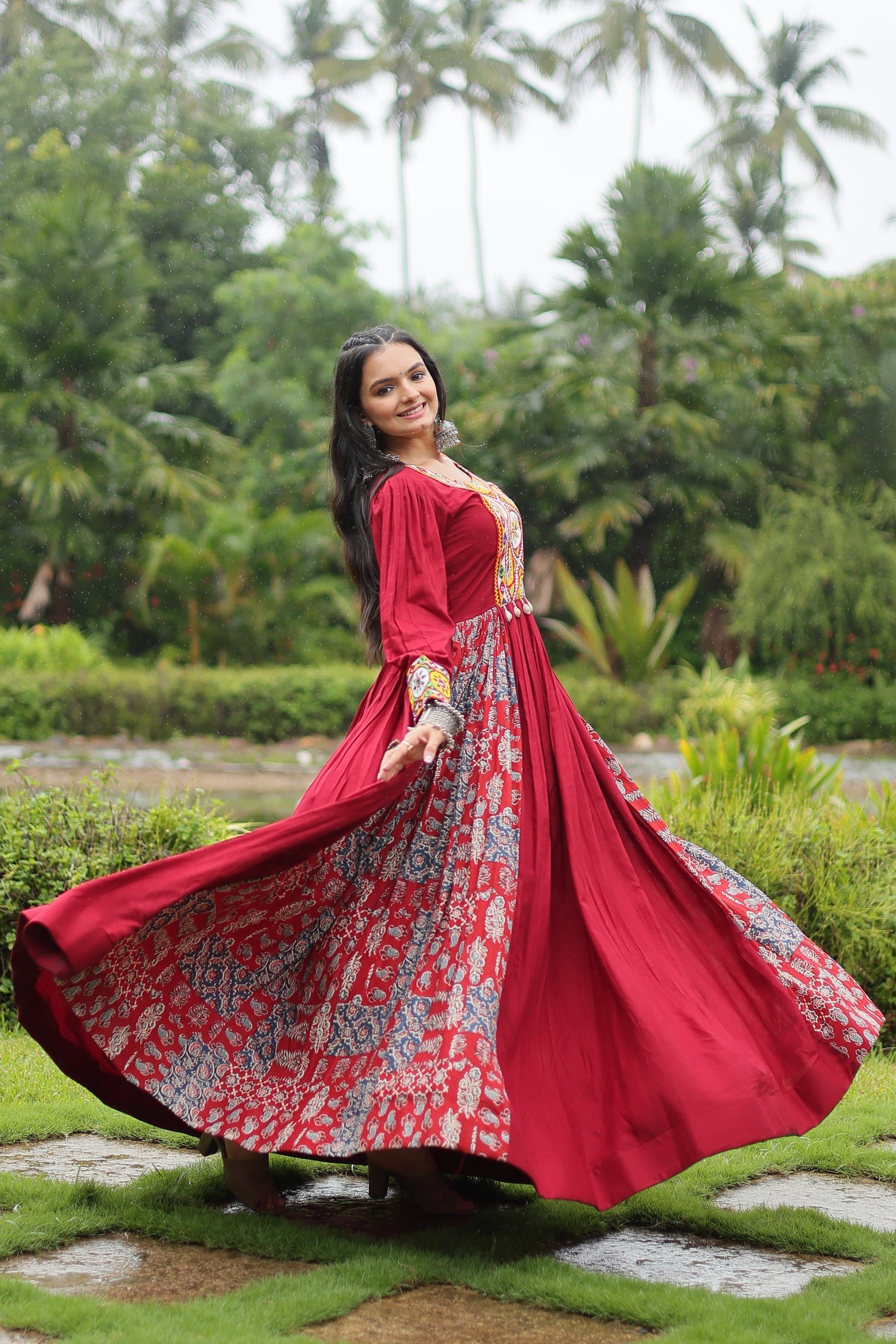 Maroon rayon Gamthi embroidered Sankita Navratri gown