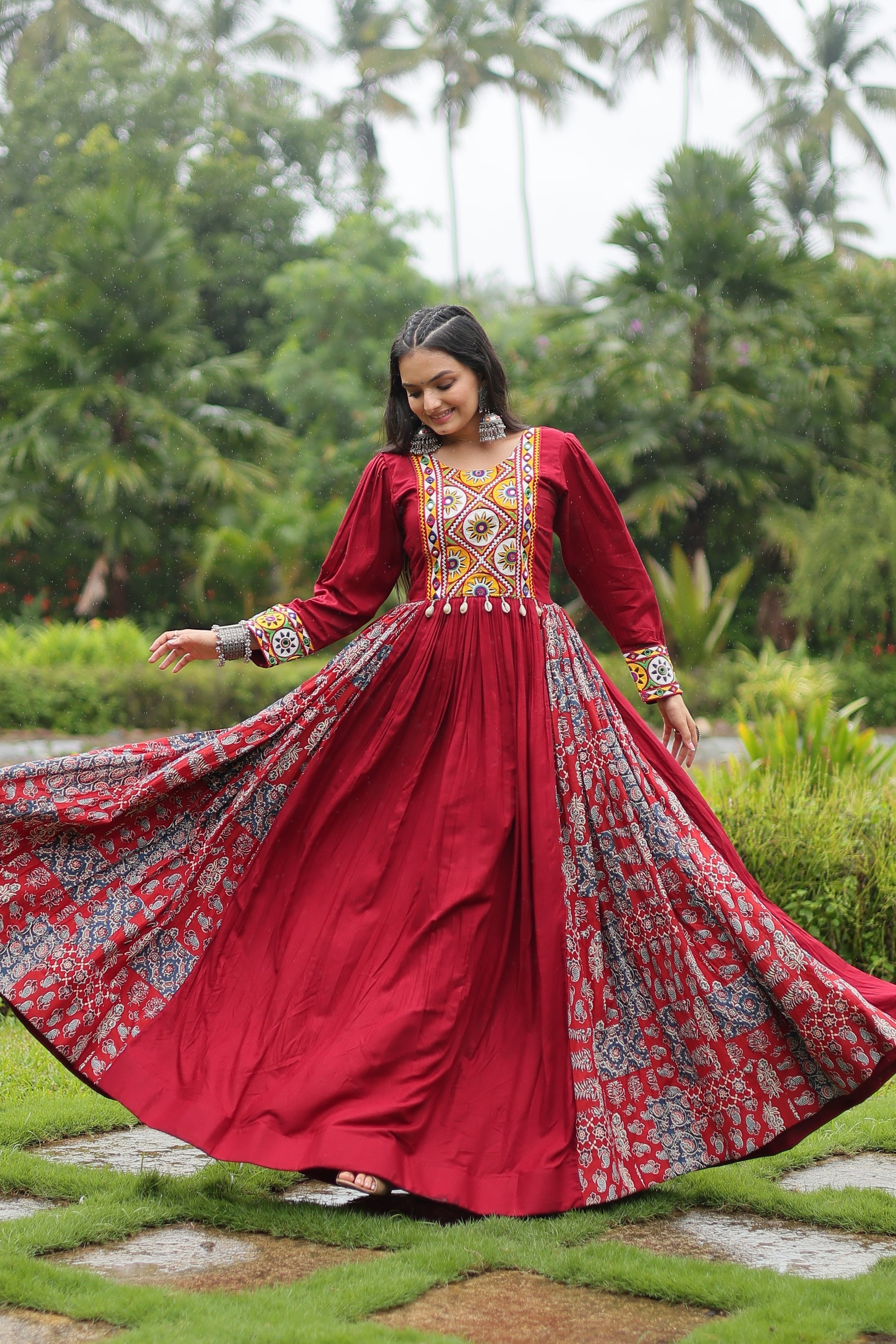 Maroon rayon Gamthi embroidered Sankita Navratri gown