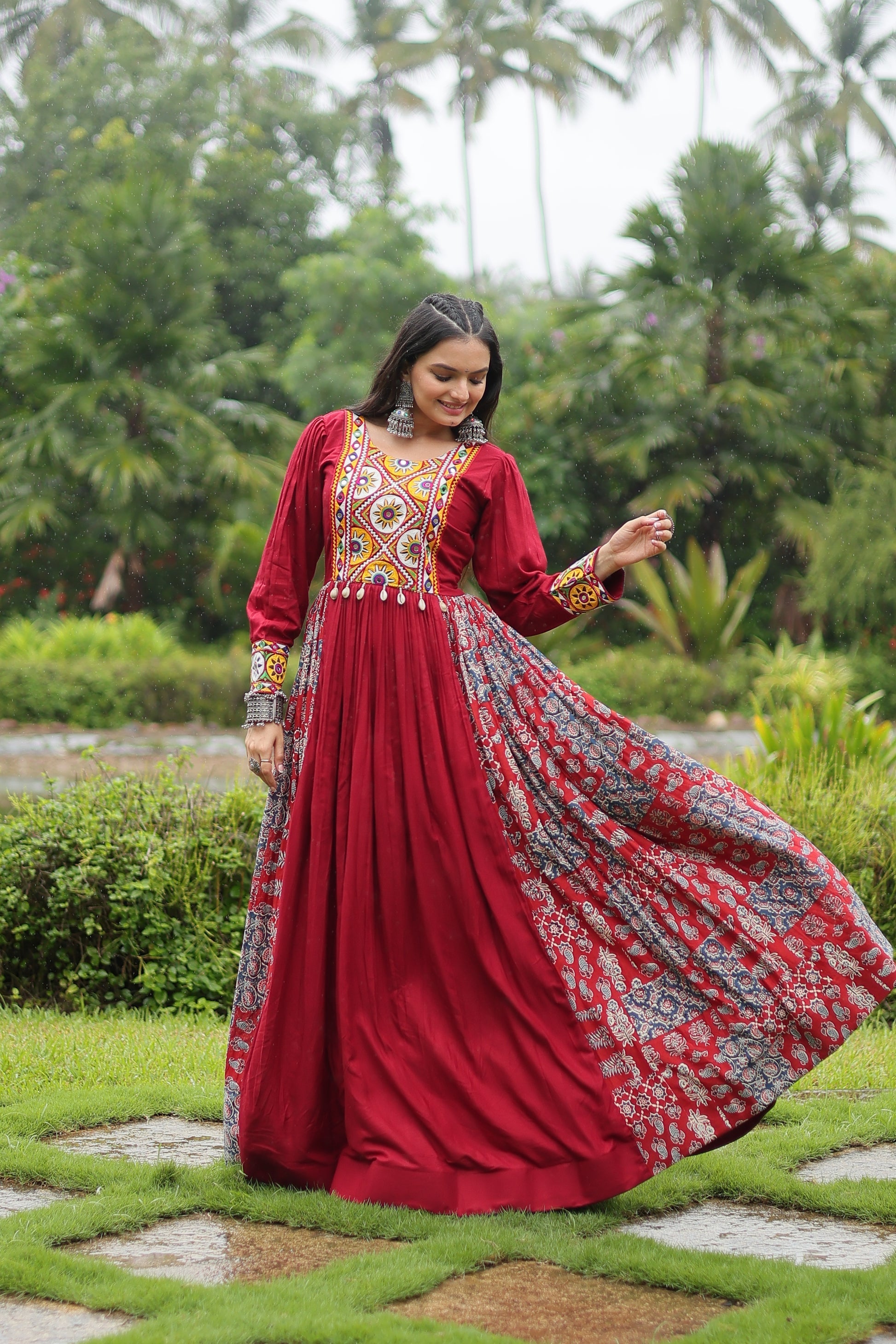Maroon rayon Gamthi embroidered Sankita Navratri gown