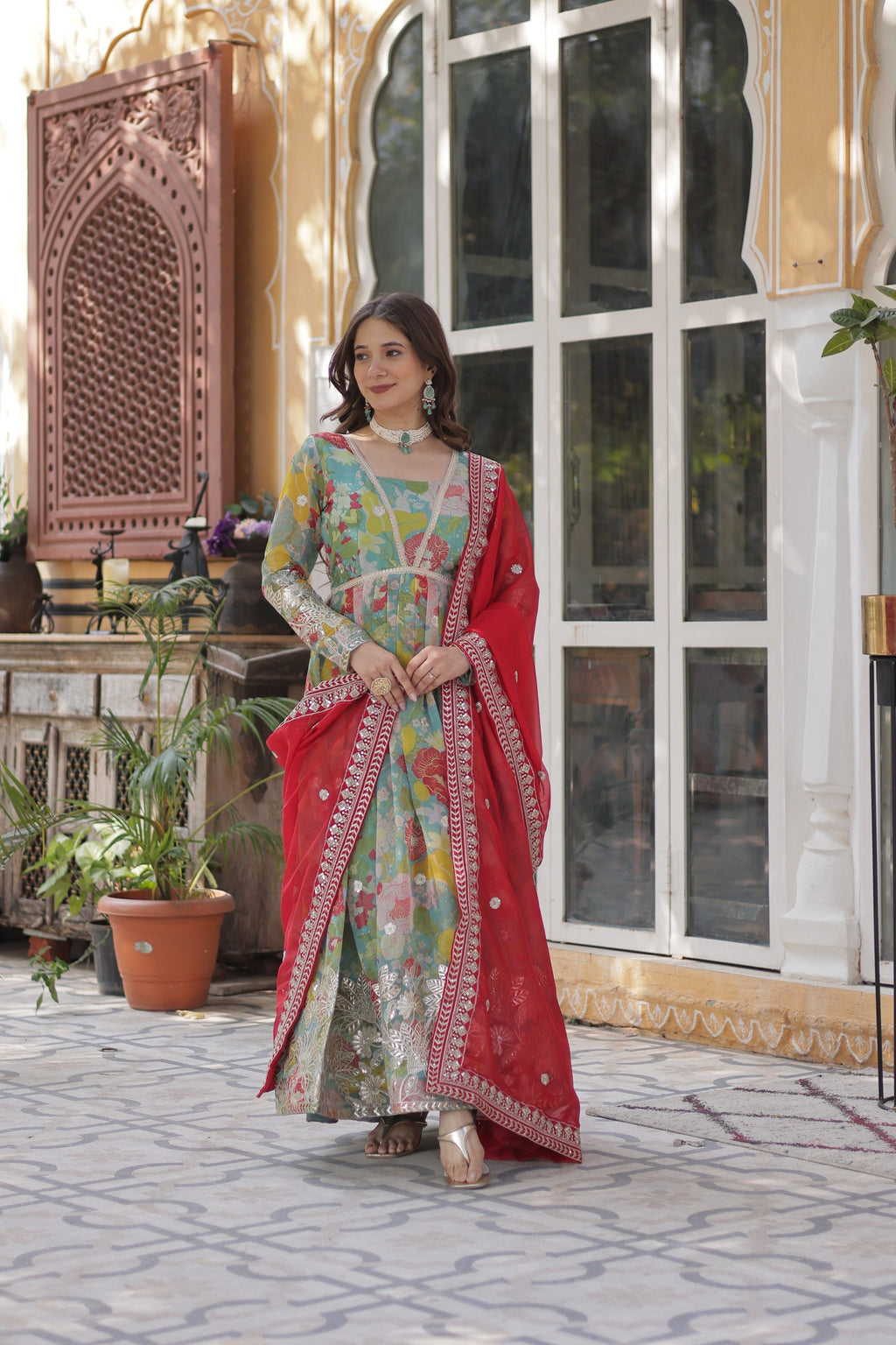 Sarasvini Green Silk Anarkali Gown Set