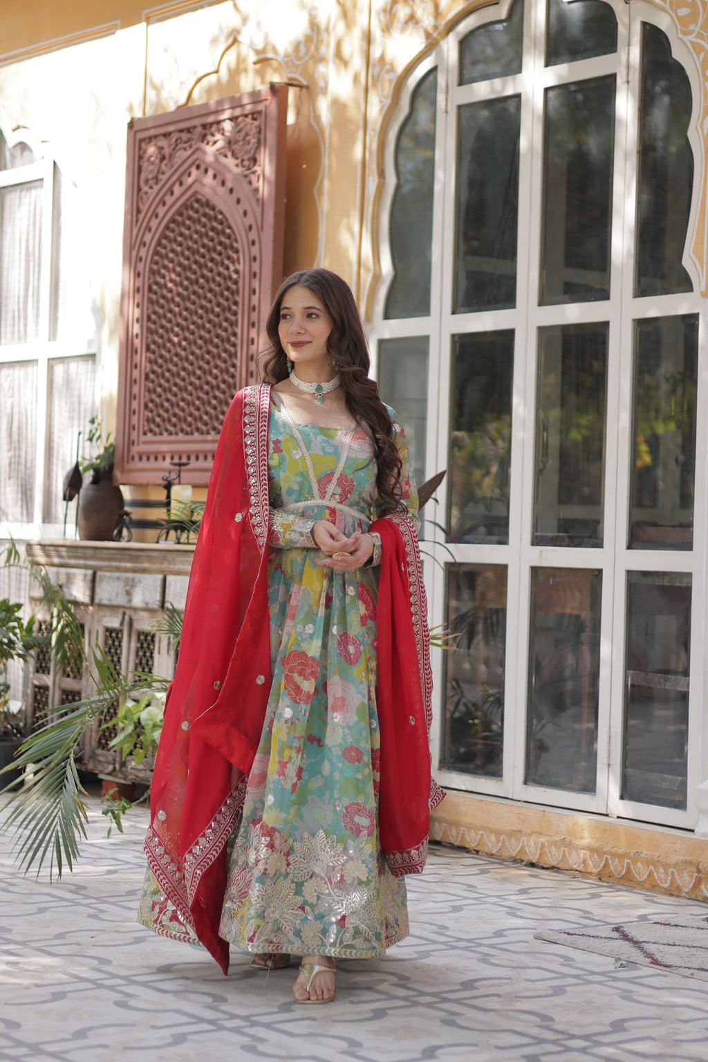 Sarasvini Green Silk Anarkali Gown Set