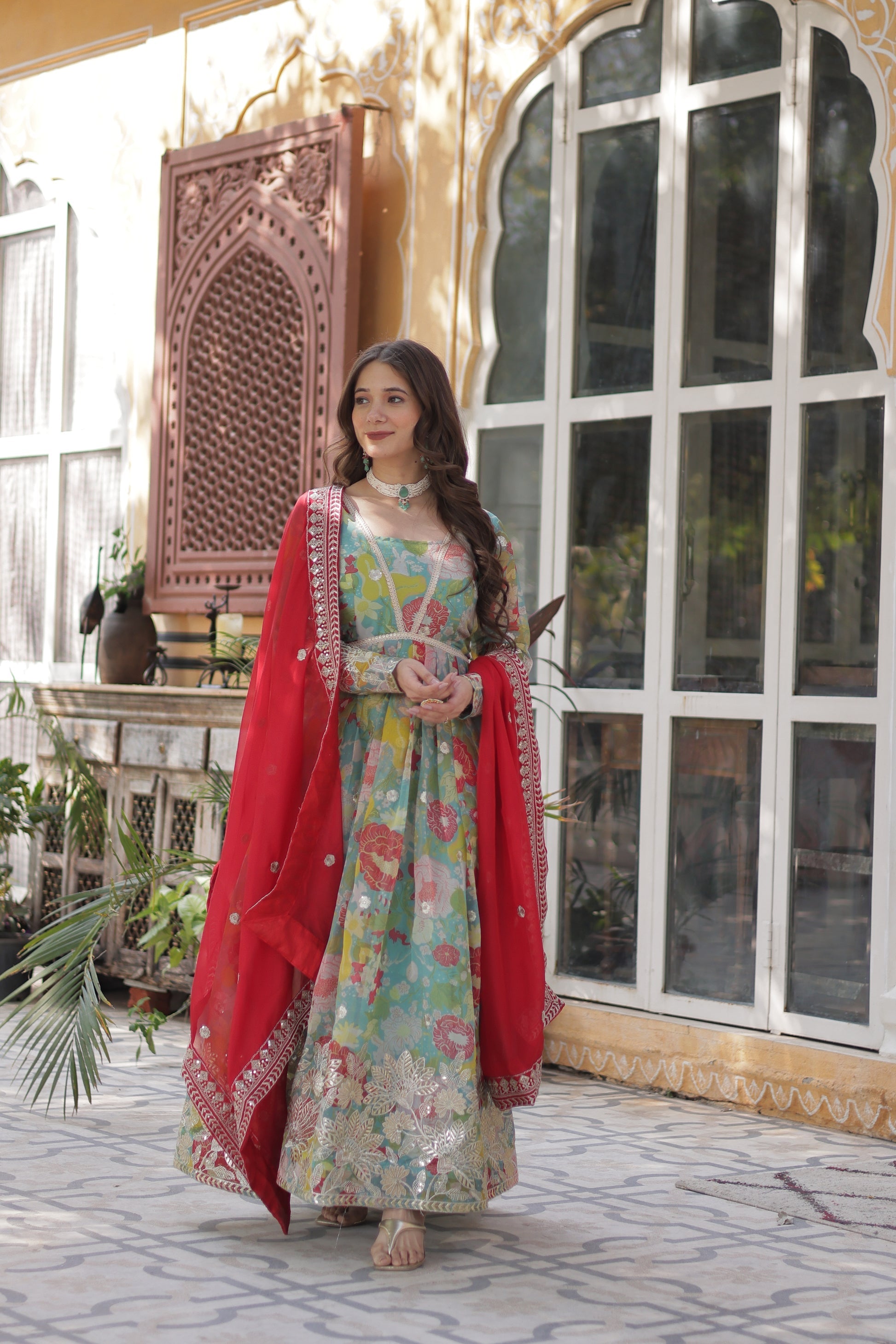 Sarasvini Green Silk Anarkali Gown Set
