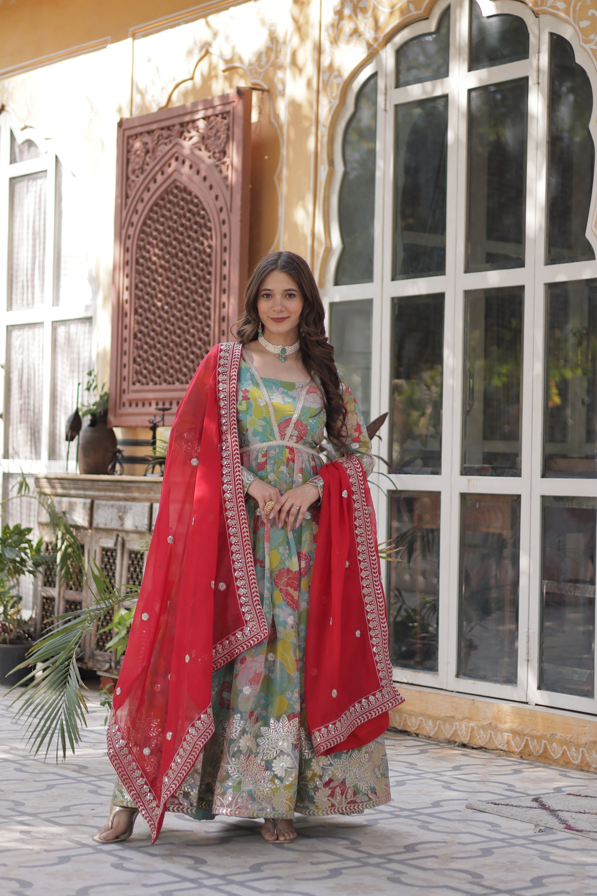 Sarasvini Green Silk Anarkali Gown Set