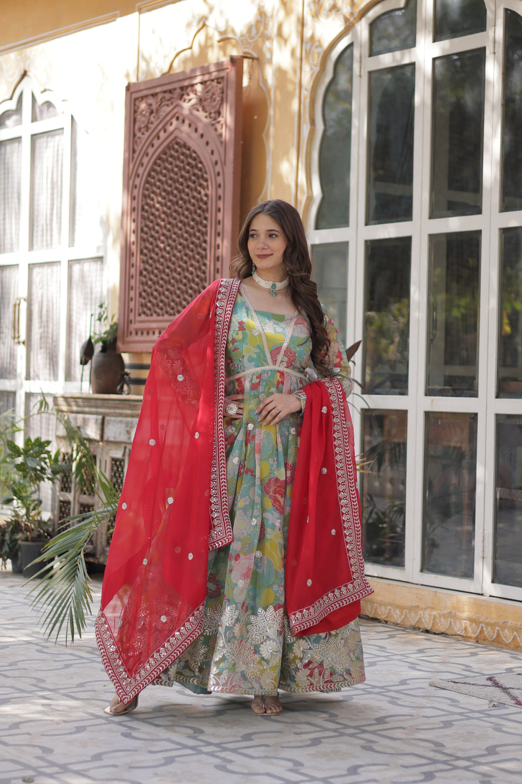 Sarasvini Green Silk Anarkali Gown Set