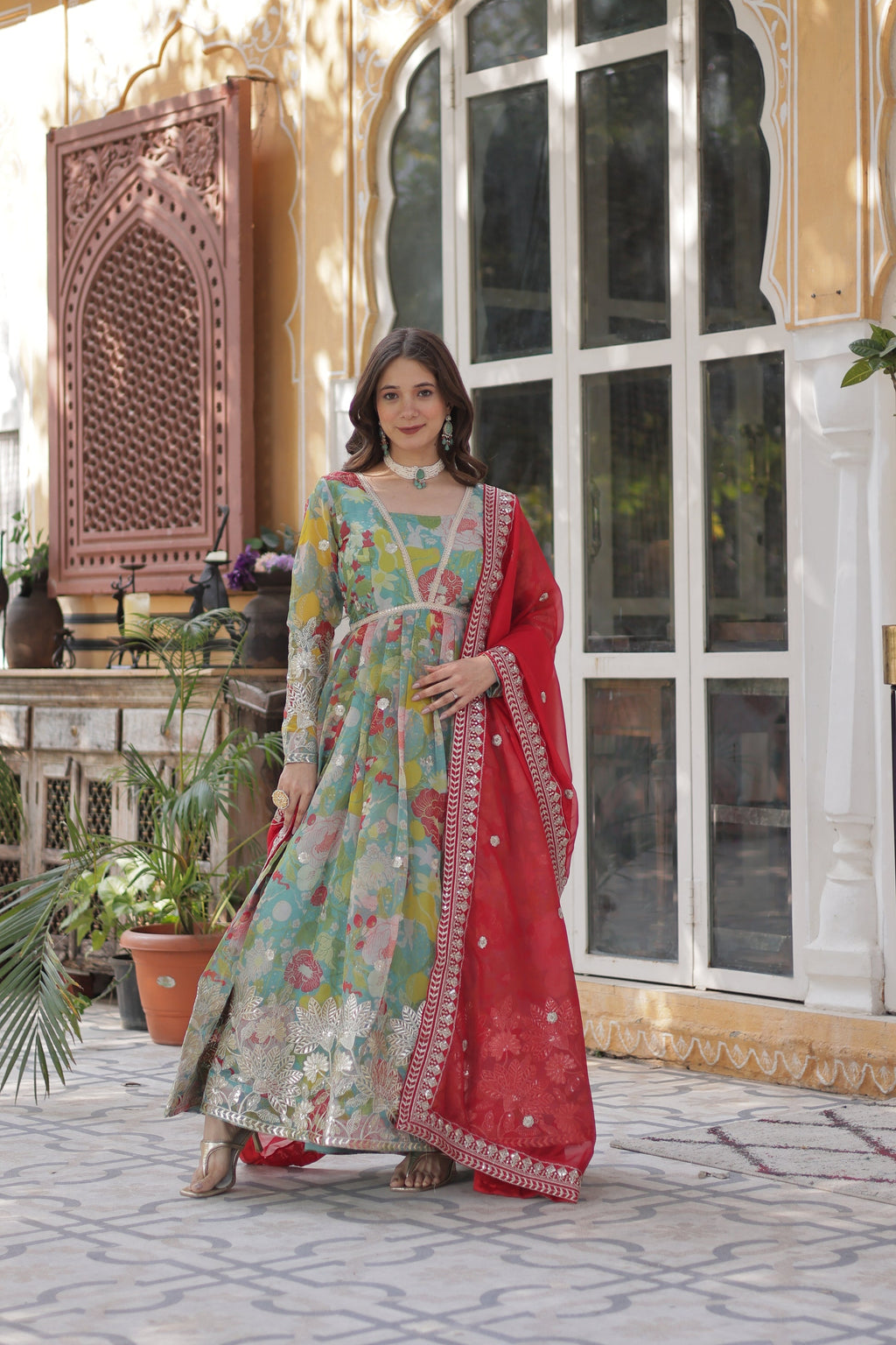 Sarasvini Green Silk Anarkali Gown Set