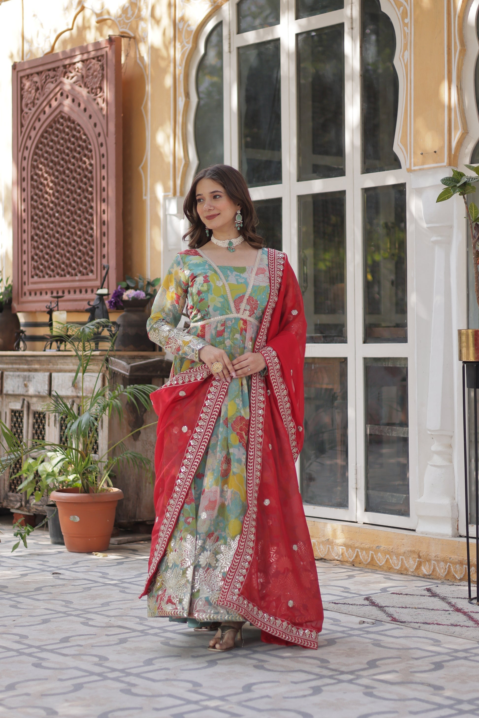 Sarasvini Green Silk Anarkali Gown Set