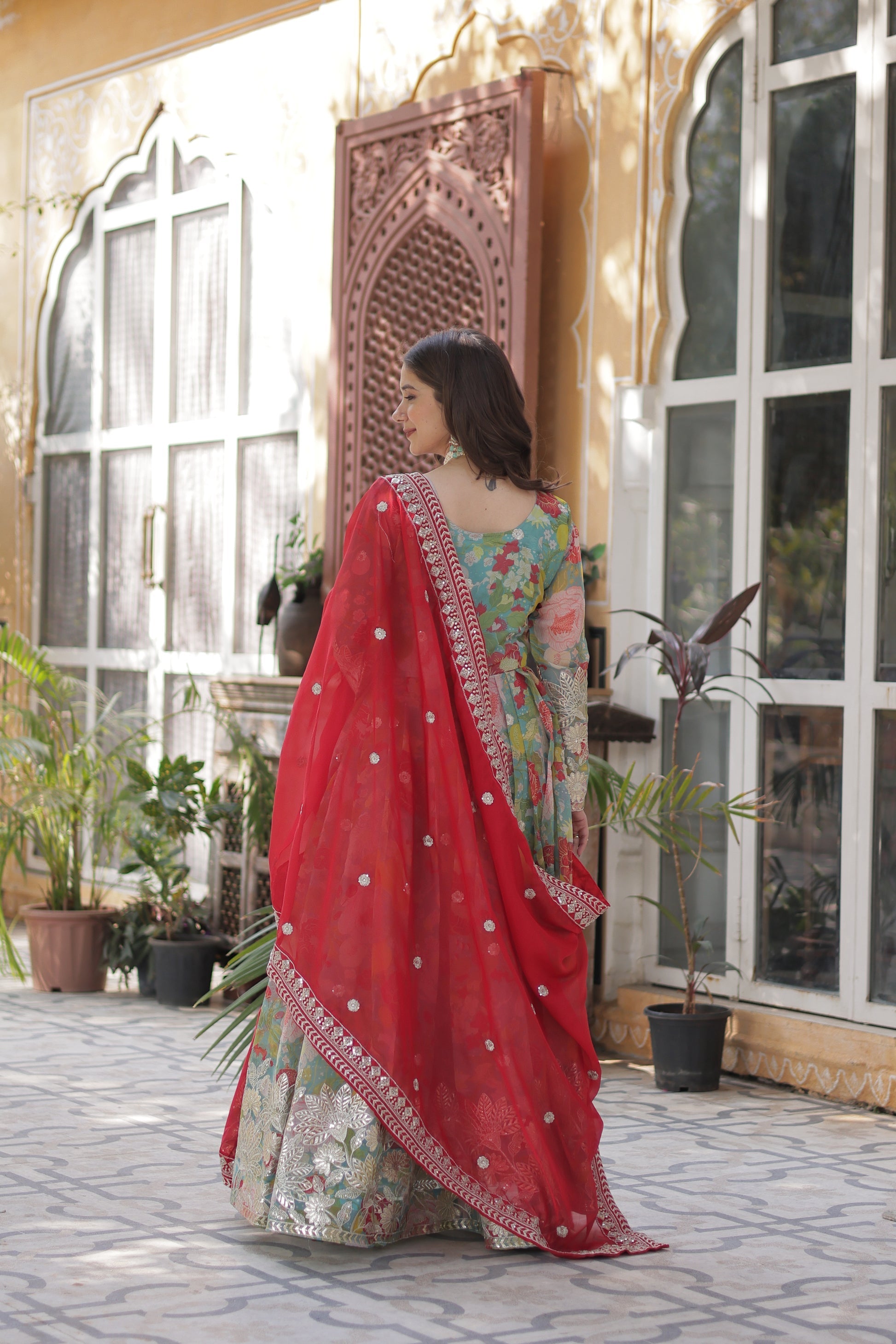 Green silk Anarkali gown set for women with dupatta, digital printed Russian silk gown with zari, sequins, and foil embroidery, full sleeve Alia cut gown, elegant festive outfit for weddings, Diwali, Karwa Chauth, and Eid, stitched ethnic party wear gown with lace border dupatta, designer traditional gown for women 