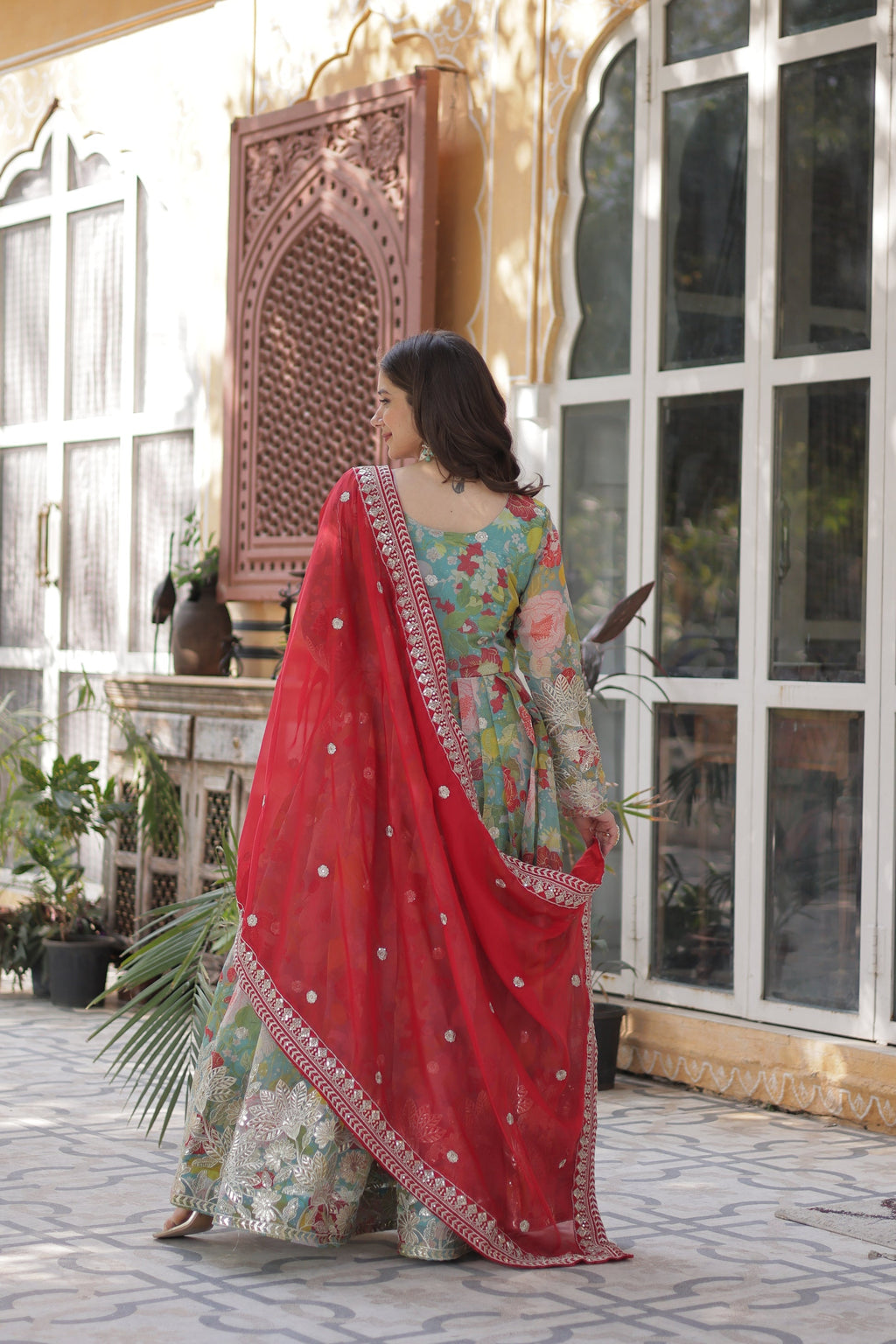 Sarasvini Green Silk Anarkali Gown Set