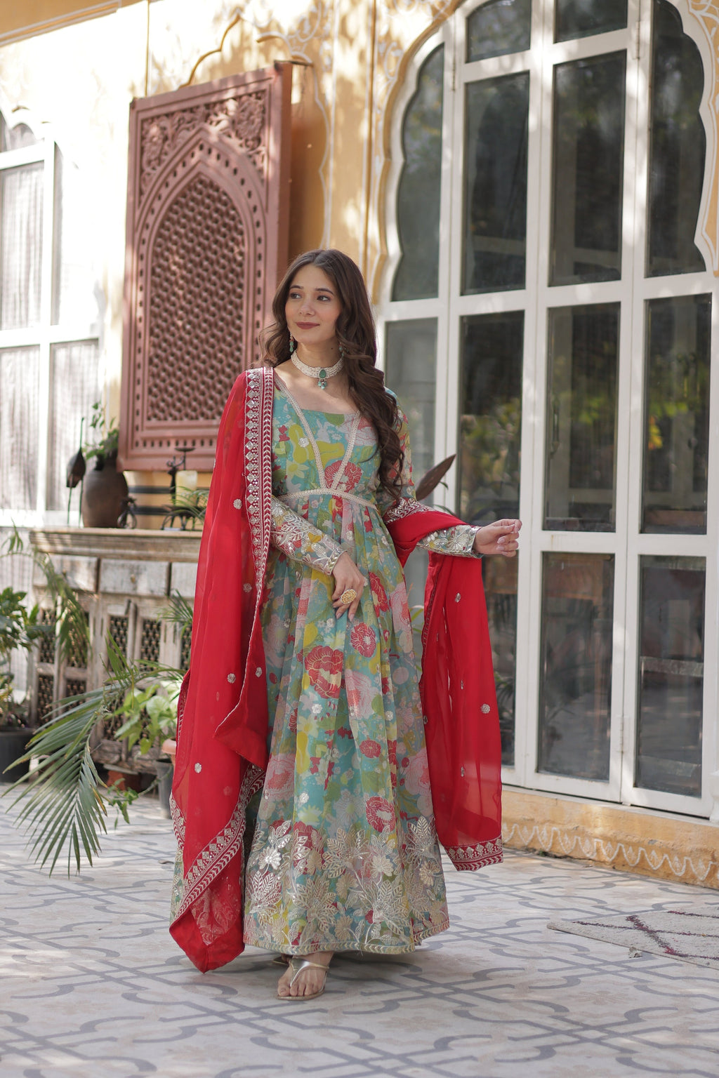 Sarasvini green silk Anarkali gown set for women with digital print, zari and sequin embroidery, full sleeves Alia cut ethnic dress with matching dupatta, Indian festive and wedding wear 2025