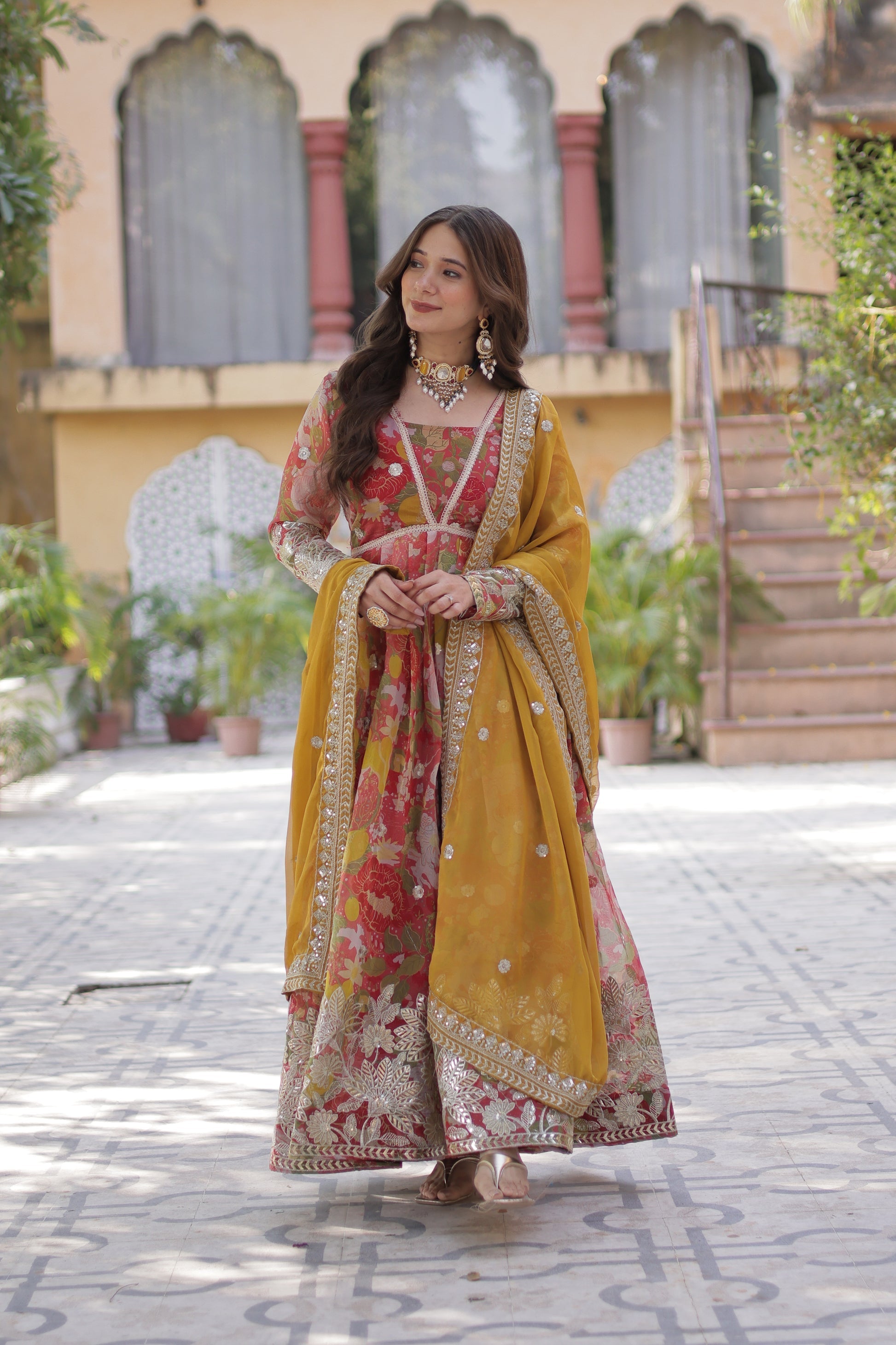 Sarasvini Red Silk Anarkali Gown Set