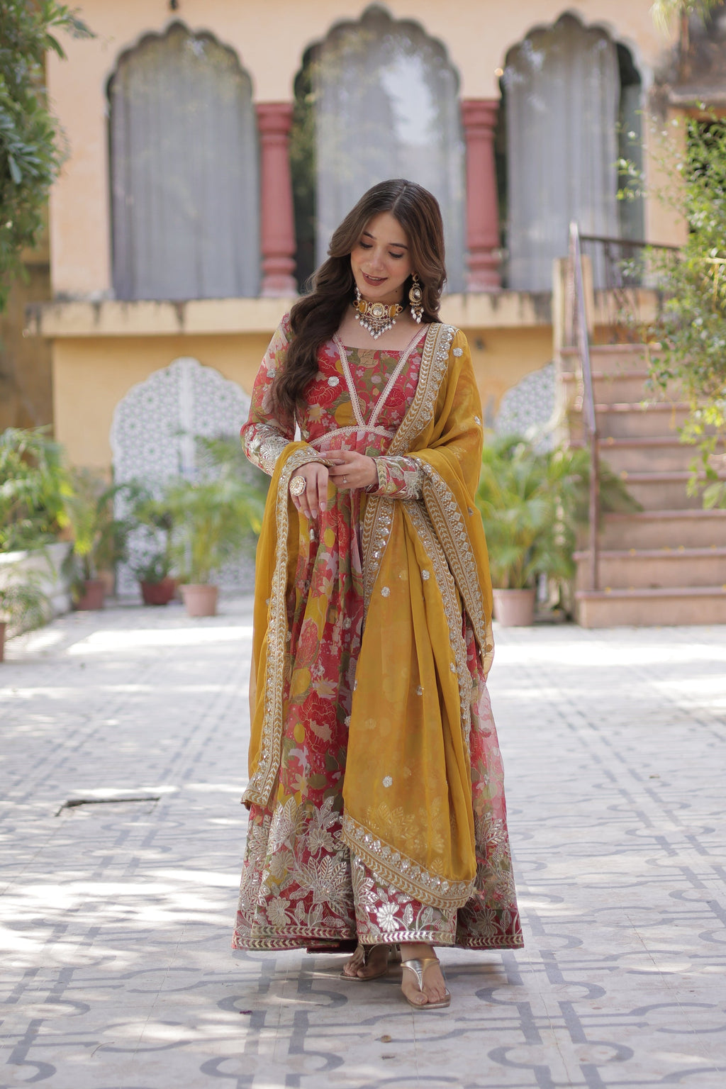 Sarasvini Red Silk Anarkali Gown Set