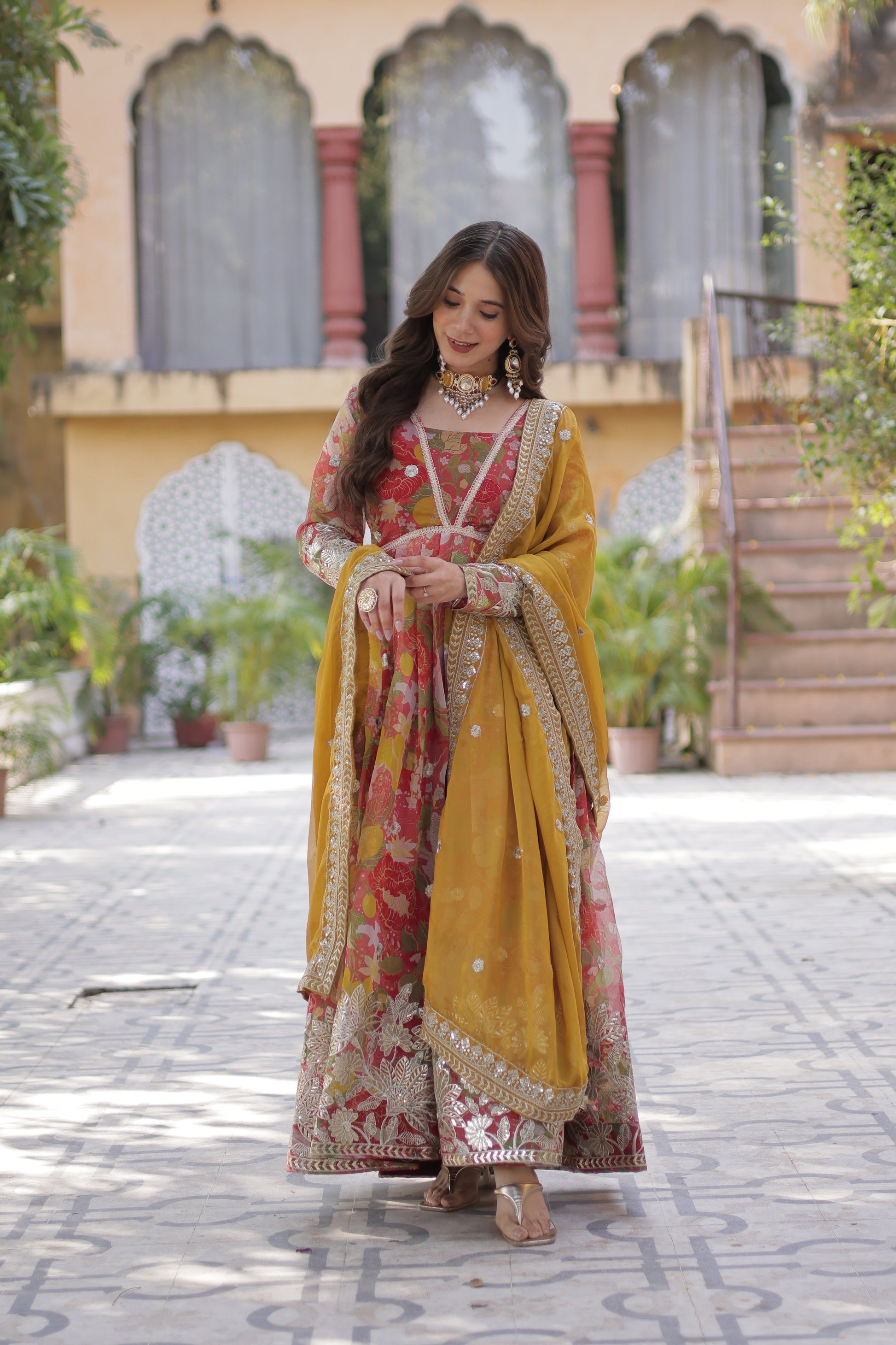 Sarasvini Red Silk Anarkali Gown Set