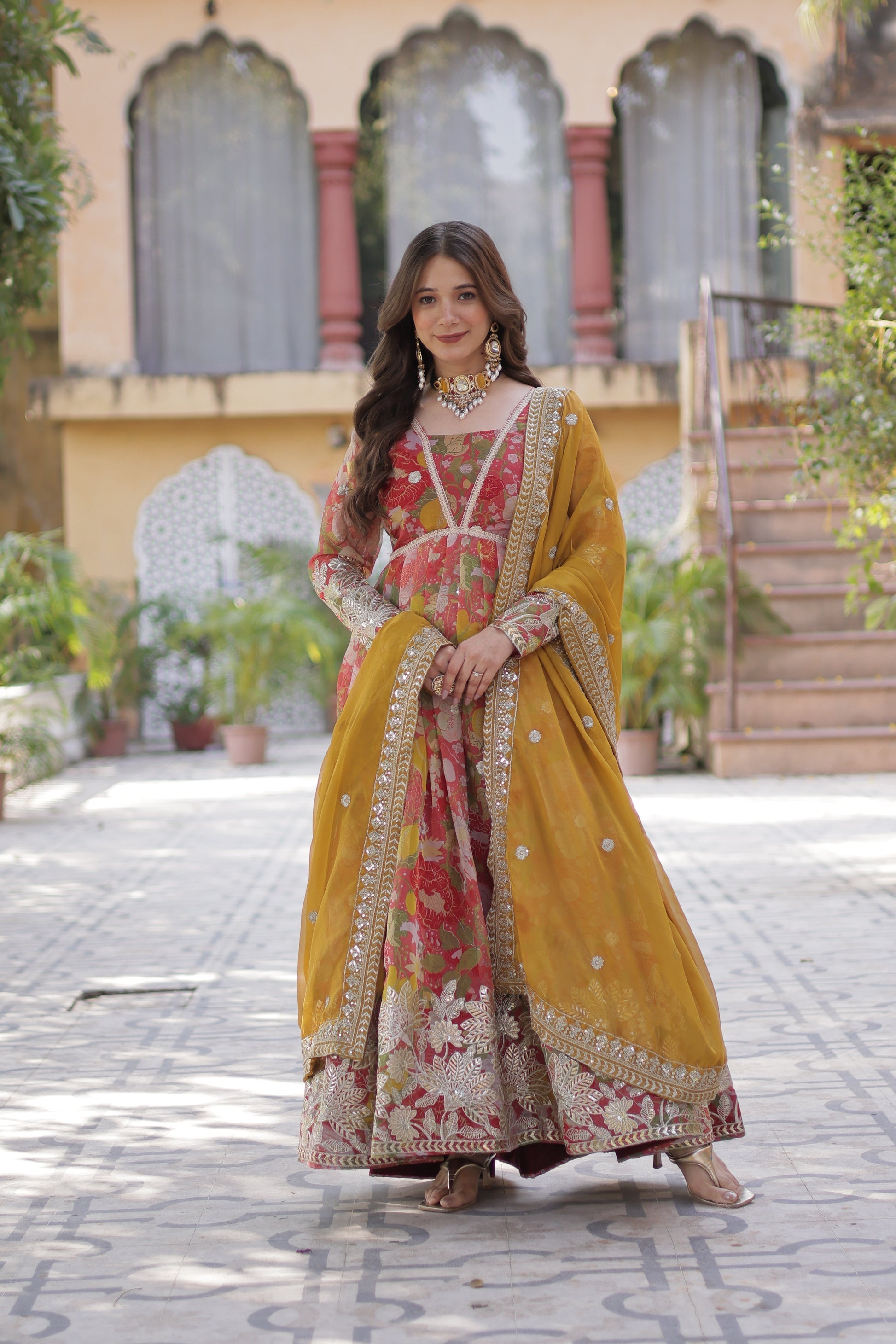 Sarasvini Red Silk Anarkali Gown Set