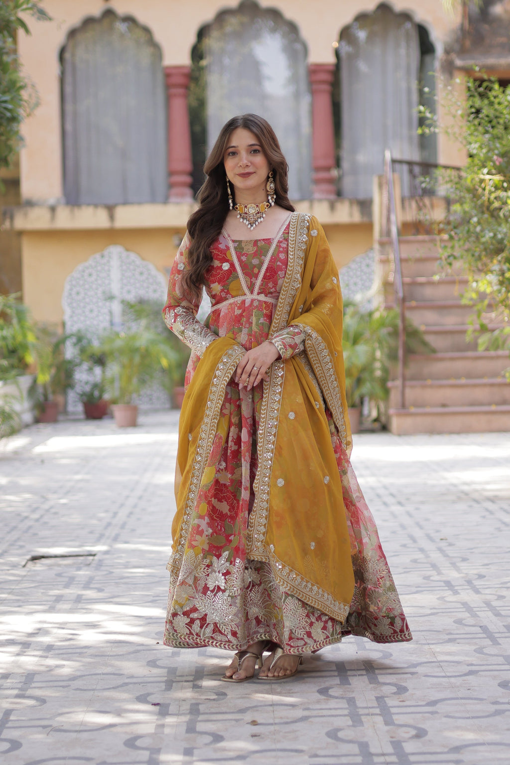 Sarasvini Red Silk Anarkali Gown Set