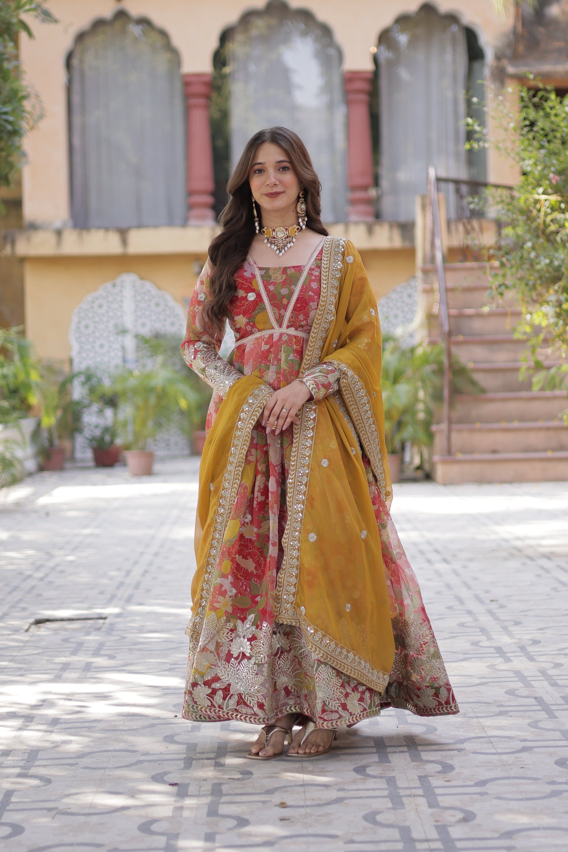 Sarasvini Red Silk Anarkali Gown Set