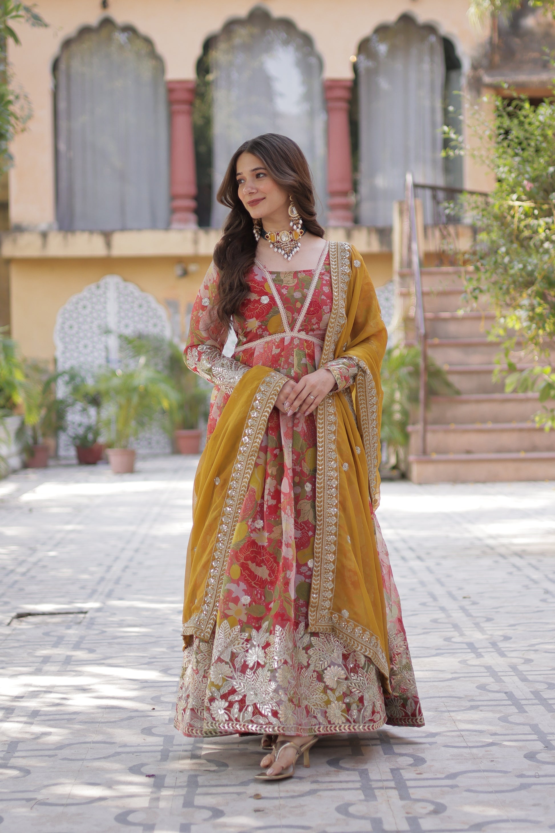 Sarasvini Red Silk Anarkali Gown Set