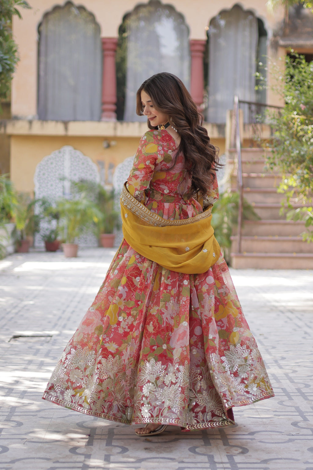 Red silk Anarkali gown set for women with dupatta, digital printed Russian silk gown with zari, sequins, and foil embroidery, full sleeve Alia cut gown, traditional Indian wedding guest dress, festive party wear Anarkali gown with lace bordered dupatta, premium stitched ethnic gown for Diwali, Eid, and engagement, modern ethnic fashion for women 2025.